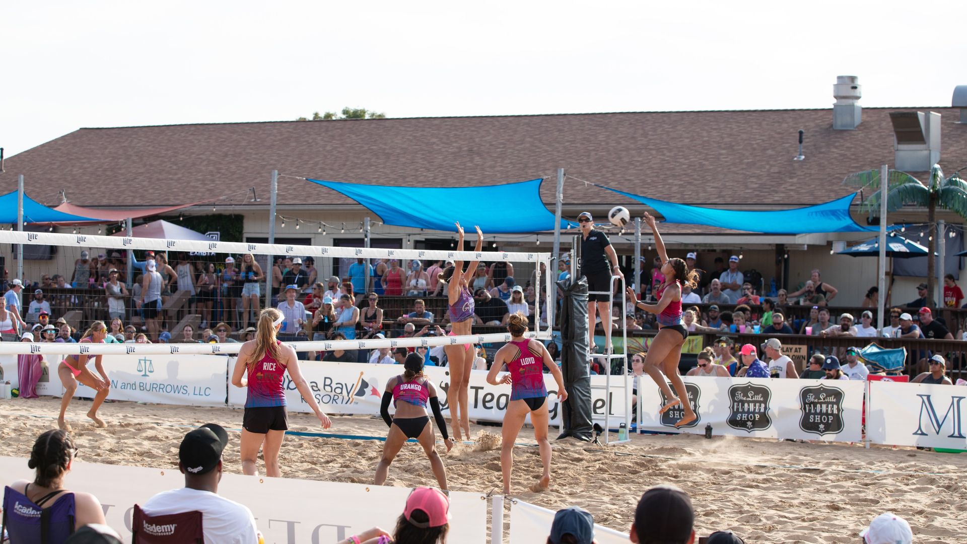 Beach volleyball match with two teams in purple and pink jerseys on sandy court, surrounded by a large crowd and blue shade sails under a clear sky.