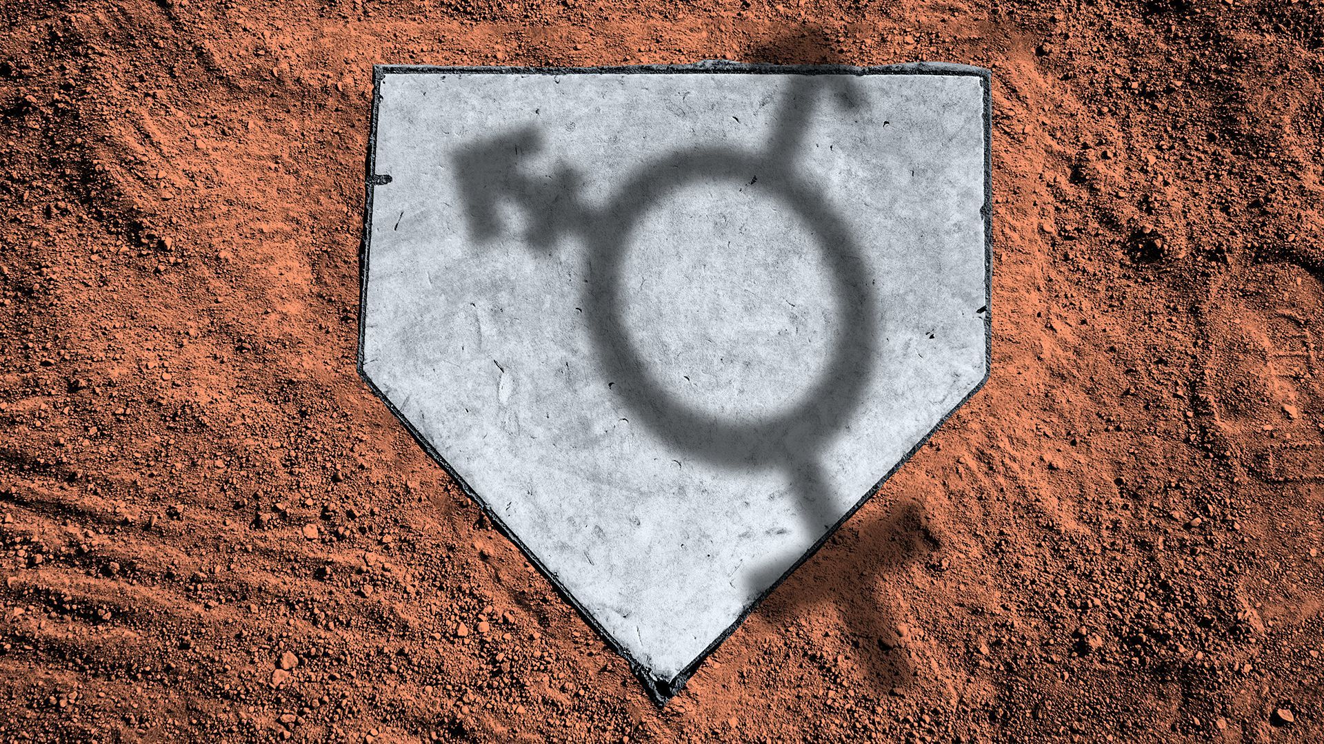 Illustration of a baseball home plate with the shadow of a transgender symbol cast over it.