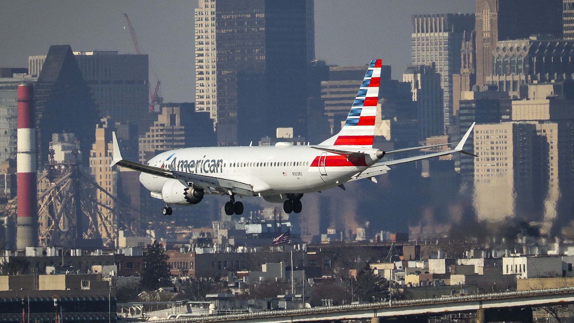 An American Airlines Boeing 737 Max 8, on a flight from Miami to New York City, lands at LaGuardia Airport on Monday morning, March 11, 2019 in the Queens borough of New York City.