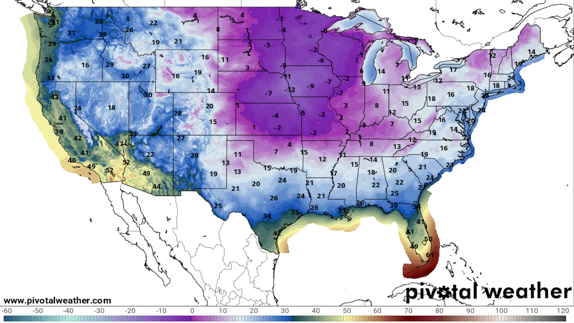 A map of the U.S. showing which parts are getting a cold spell.
