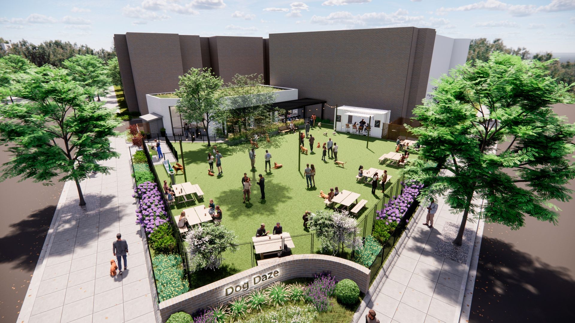 A rendering showing an aerial view of a dog bar with turf grass in an enclosed fence.