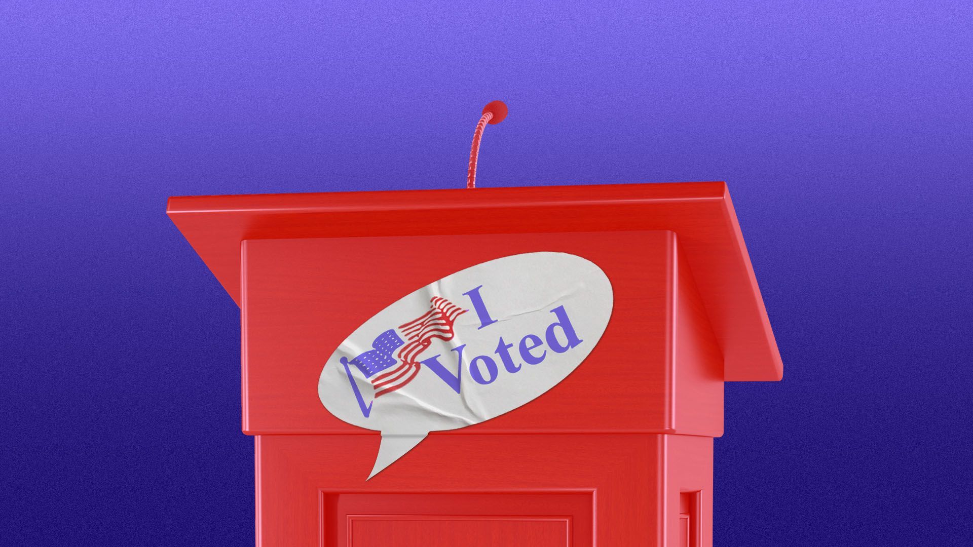 Illustration of a podium with an "I voted" sticker shaped like a speech bubble