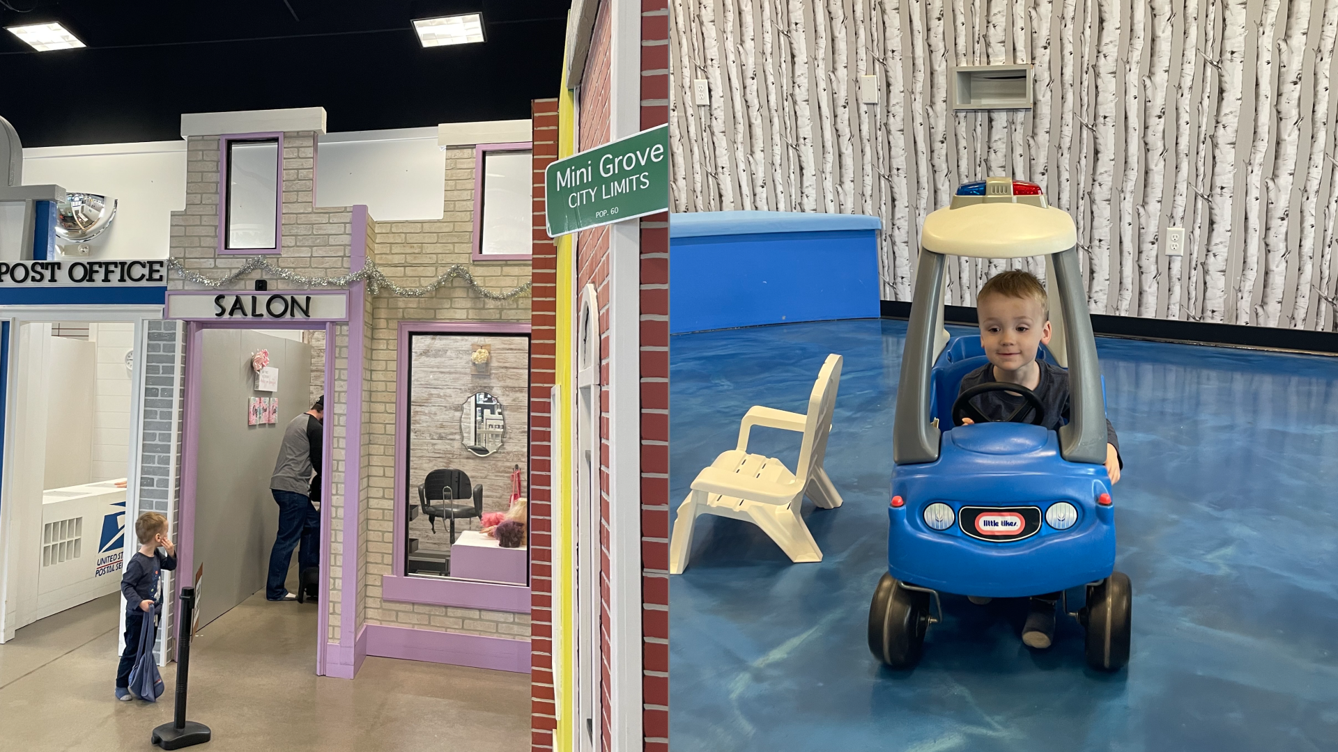 boy looks at a pretend salon play area and, in a separate photo, drives in a blue cozy coupe kids car,