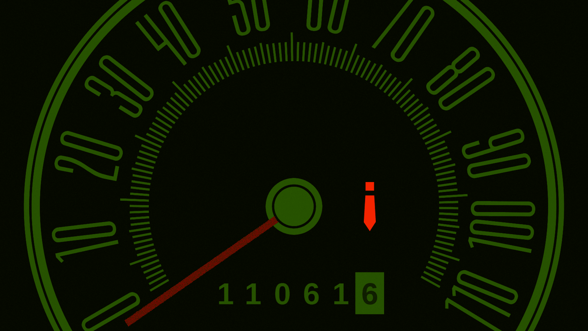 A car's heads-up display with a blinking warning light in the shape of Trump's tie