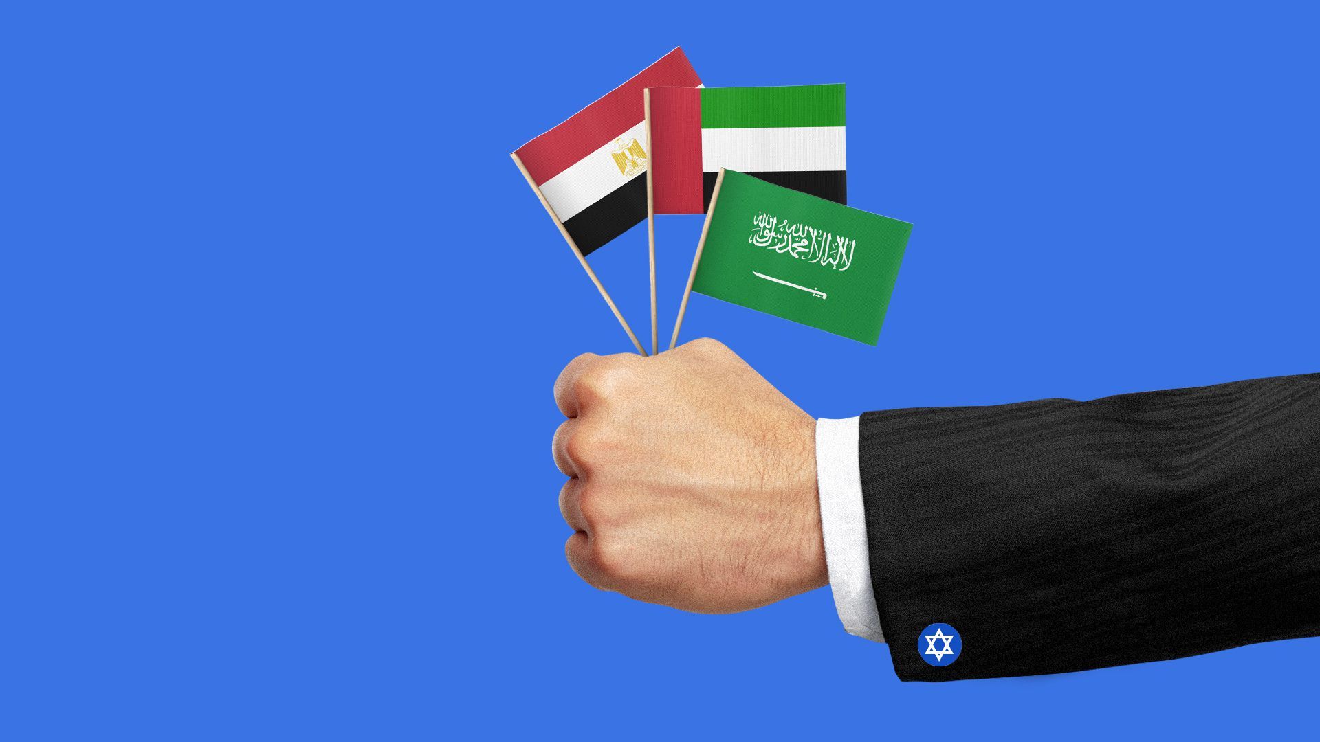 Illustration of hand with an Israeli button on the cuff, holding an Egyptian, UAE and Saudi Arabian flag. 
