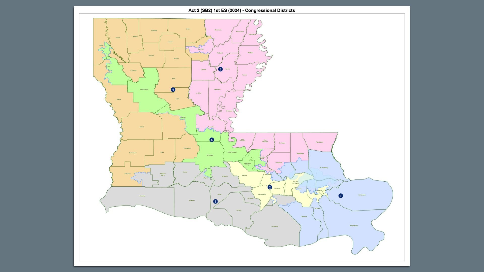 Color-coded map of Louisiana showing six congressional districts with blue numbered markers 1โ6; the title reads "Act 2 (SB2) 1st ES (2024) - Congressional Districts".
