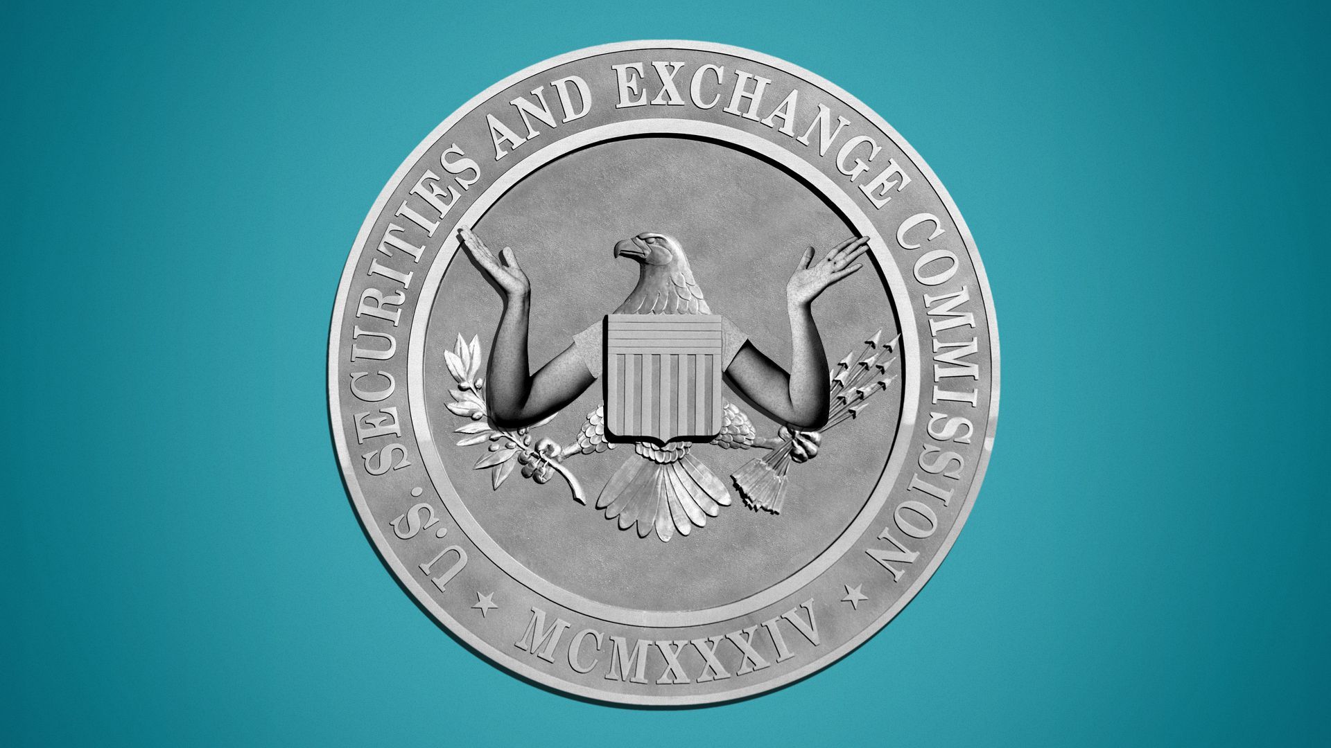Illustration of the eagle on the Securities and Exchange Commission seal with shrugging arms.
