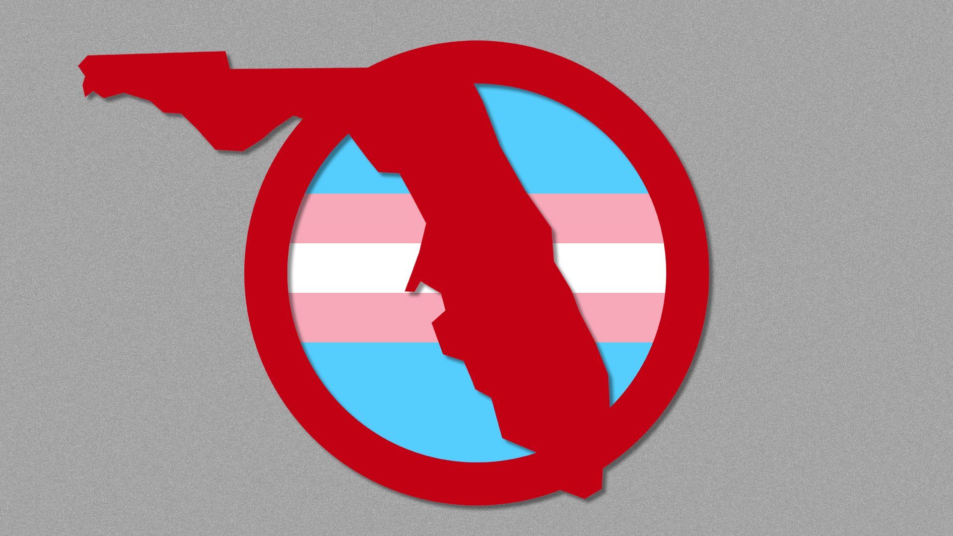 Illustration of a red circle, with the state of Florida forming a bar across it, with the transgender pride flag underneath.