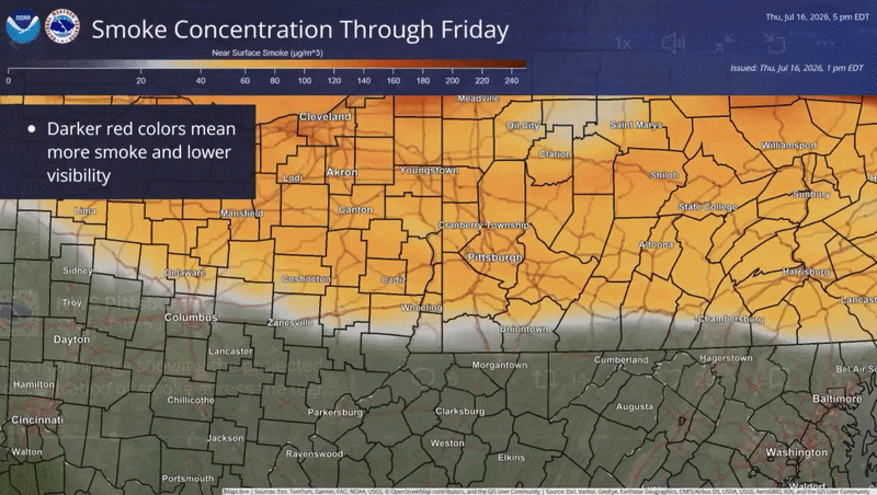yellow, orange and dark orange clouds moving over the Pittsburgh area showing the smoke covering the area.