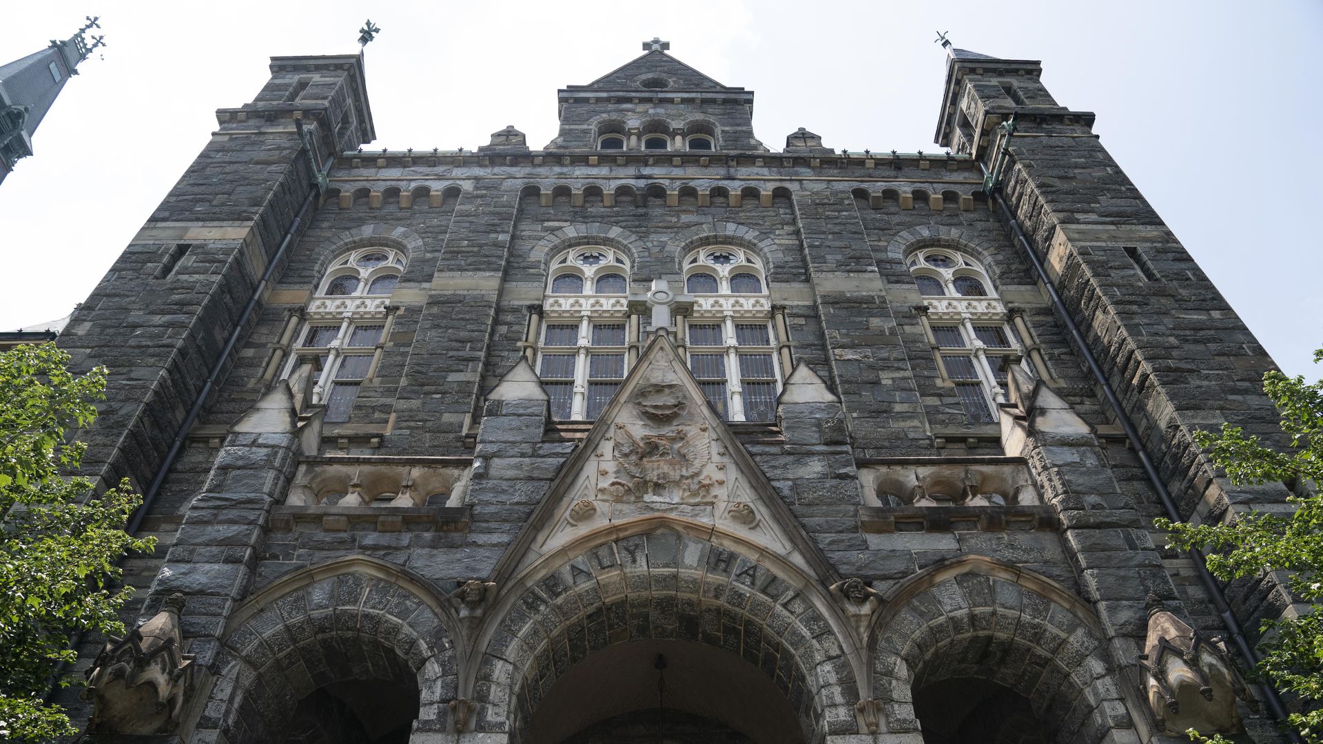 A shot of Healy Hall's Gothic architecture.