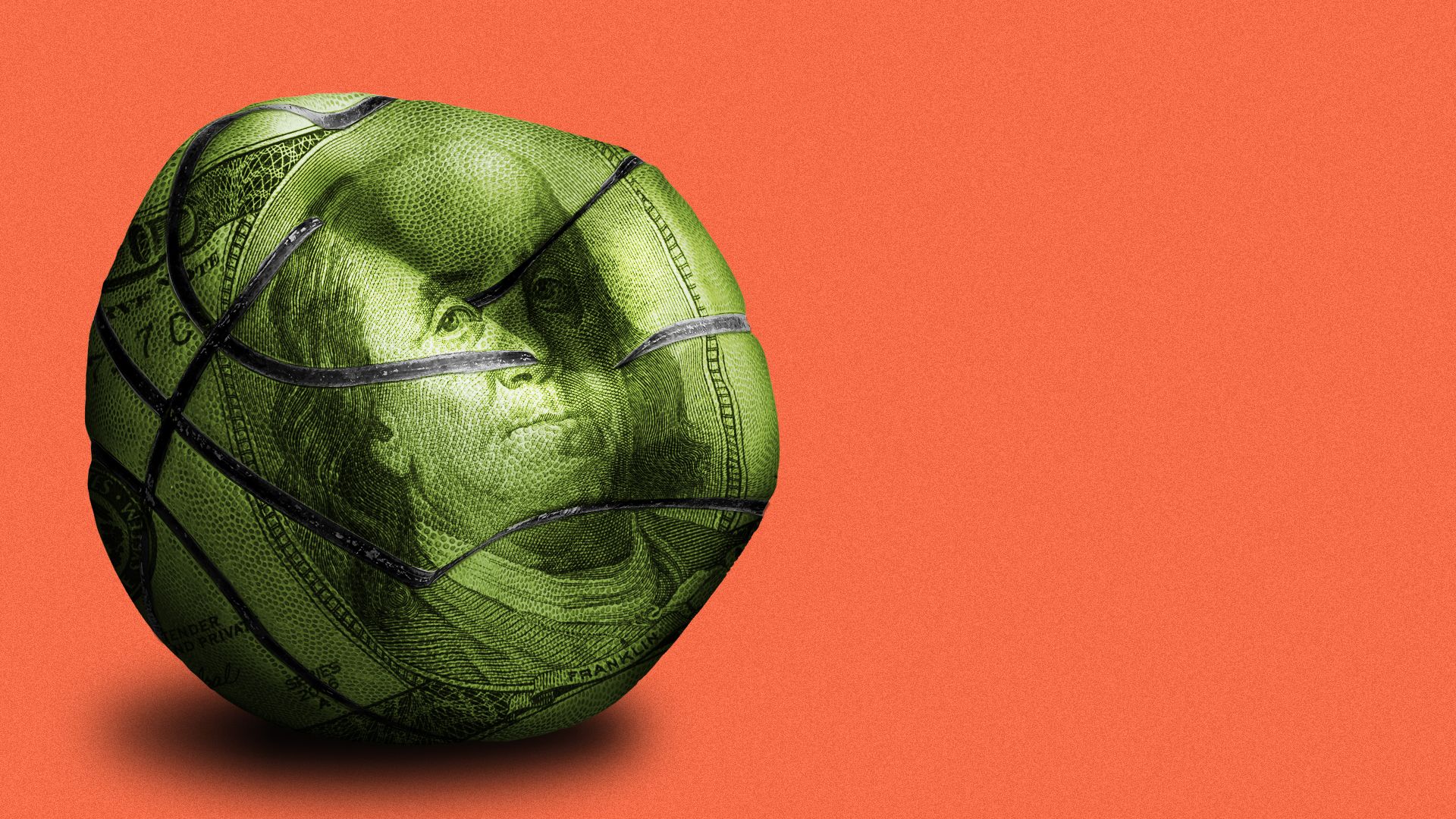 Illustration of a deflated basketball with a hundred dollar bill texture