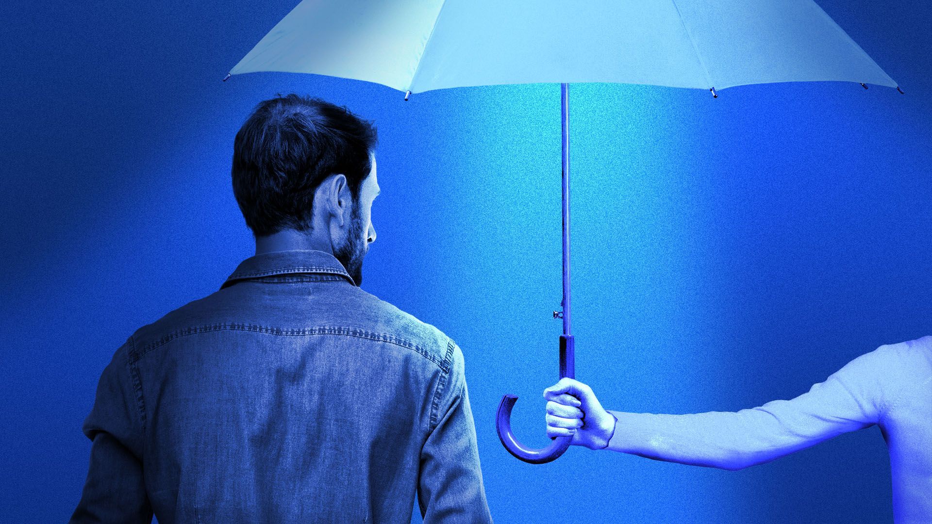 Illustration of a person holding an umbrella out for another person