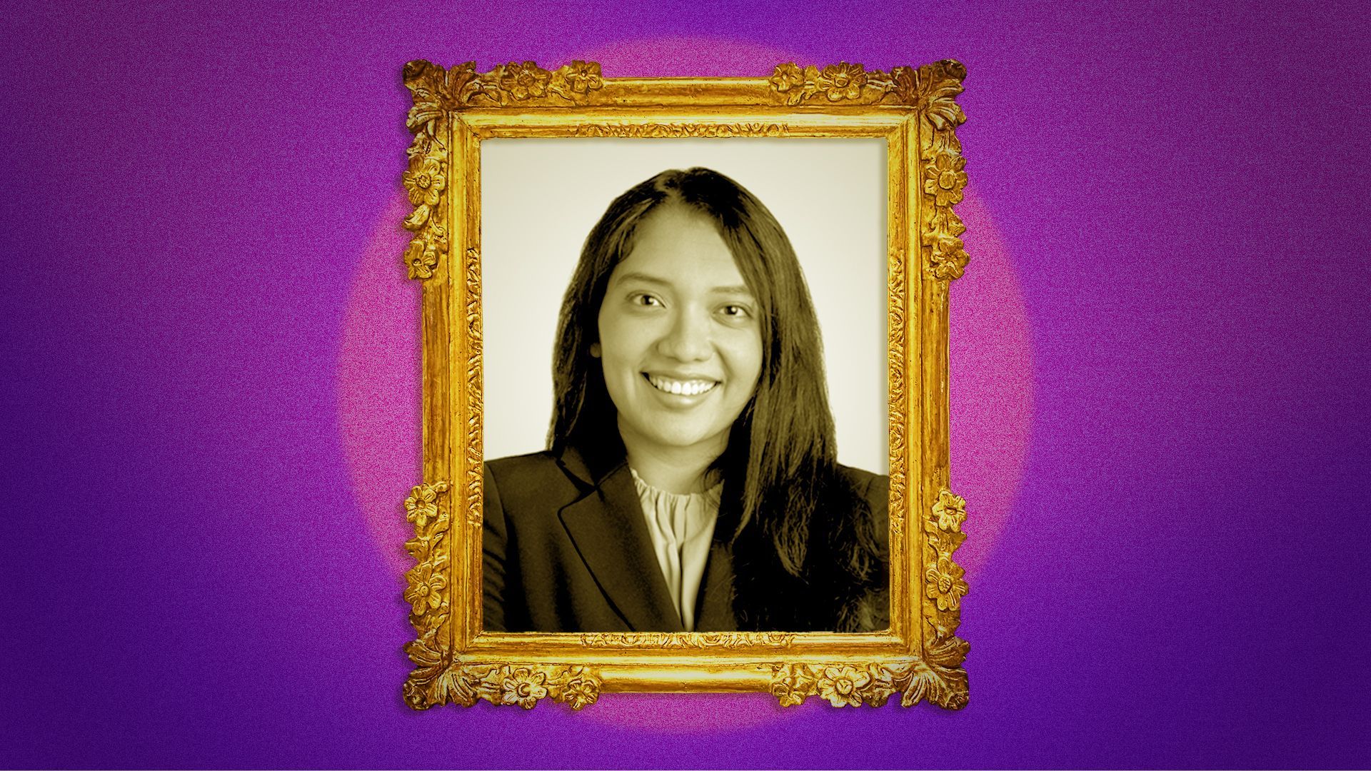 Photo illustration of a picture of Maria Lopez Rosas centered inside a gold frame lit by a spotlight.