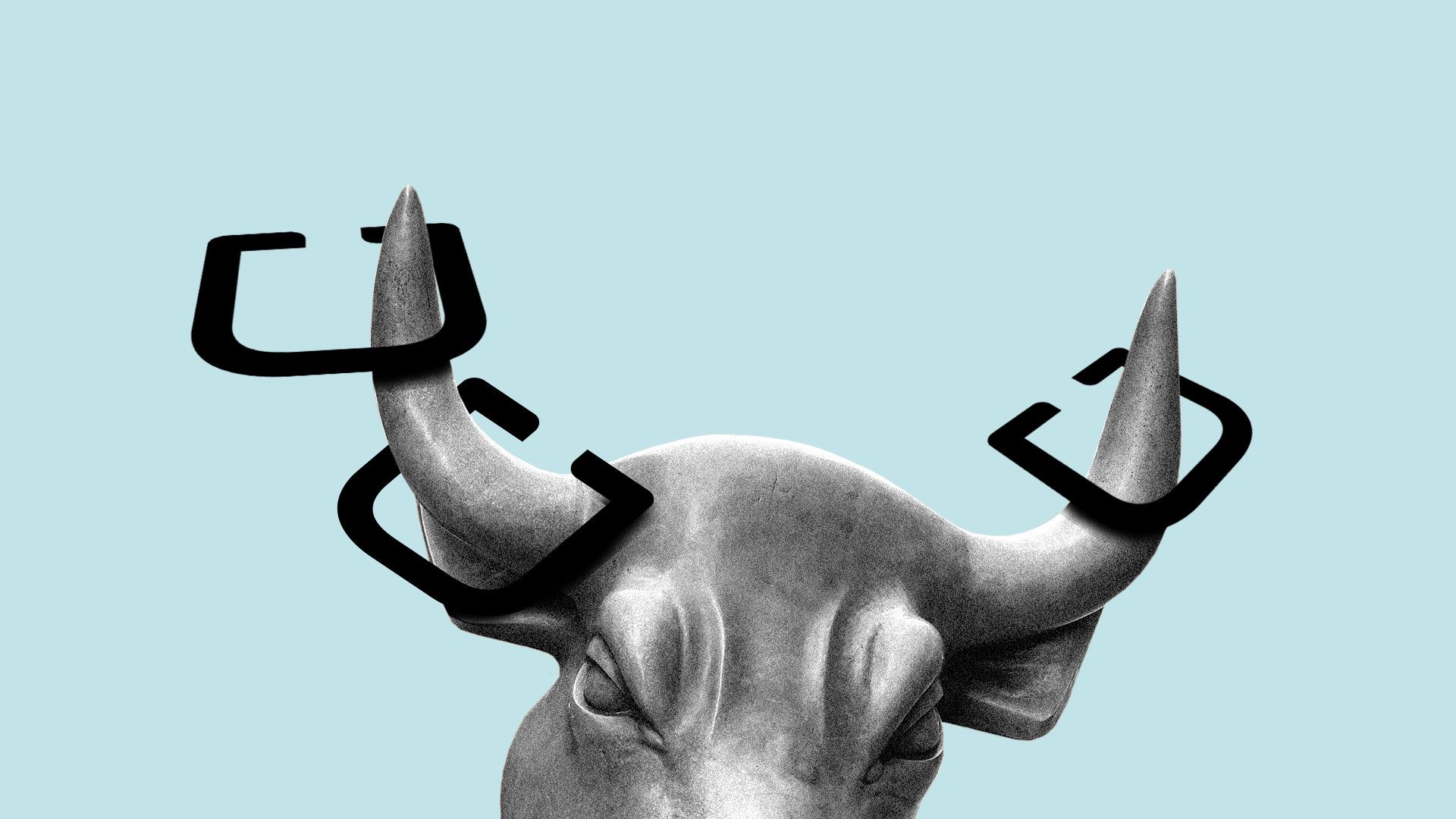 Illustration of the Wall Street bull with Uber U's as horseshoes ringing around it's horns.