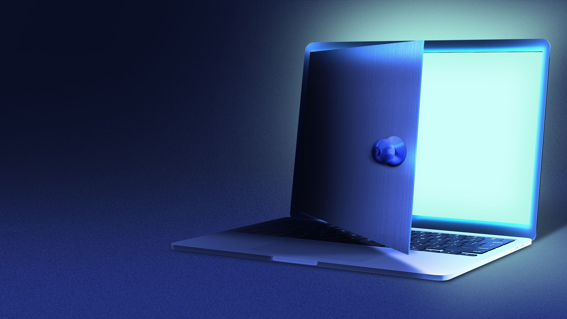 Illustration of a laptop with an open door over the screen opening to reveal a glowing light behind