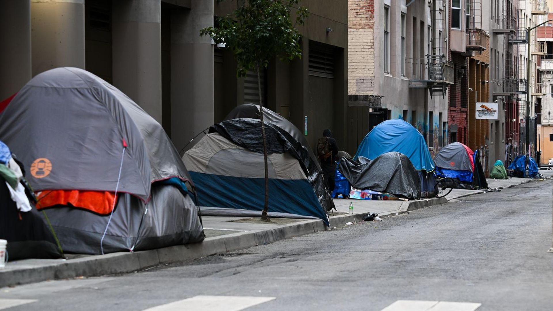 A photo of a homeless encampment on a city street.