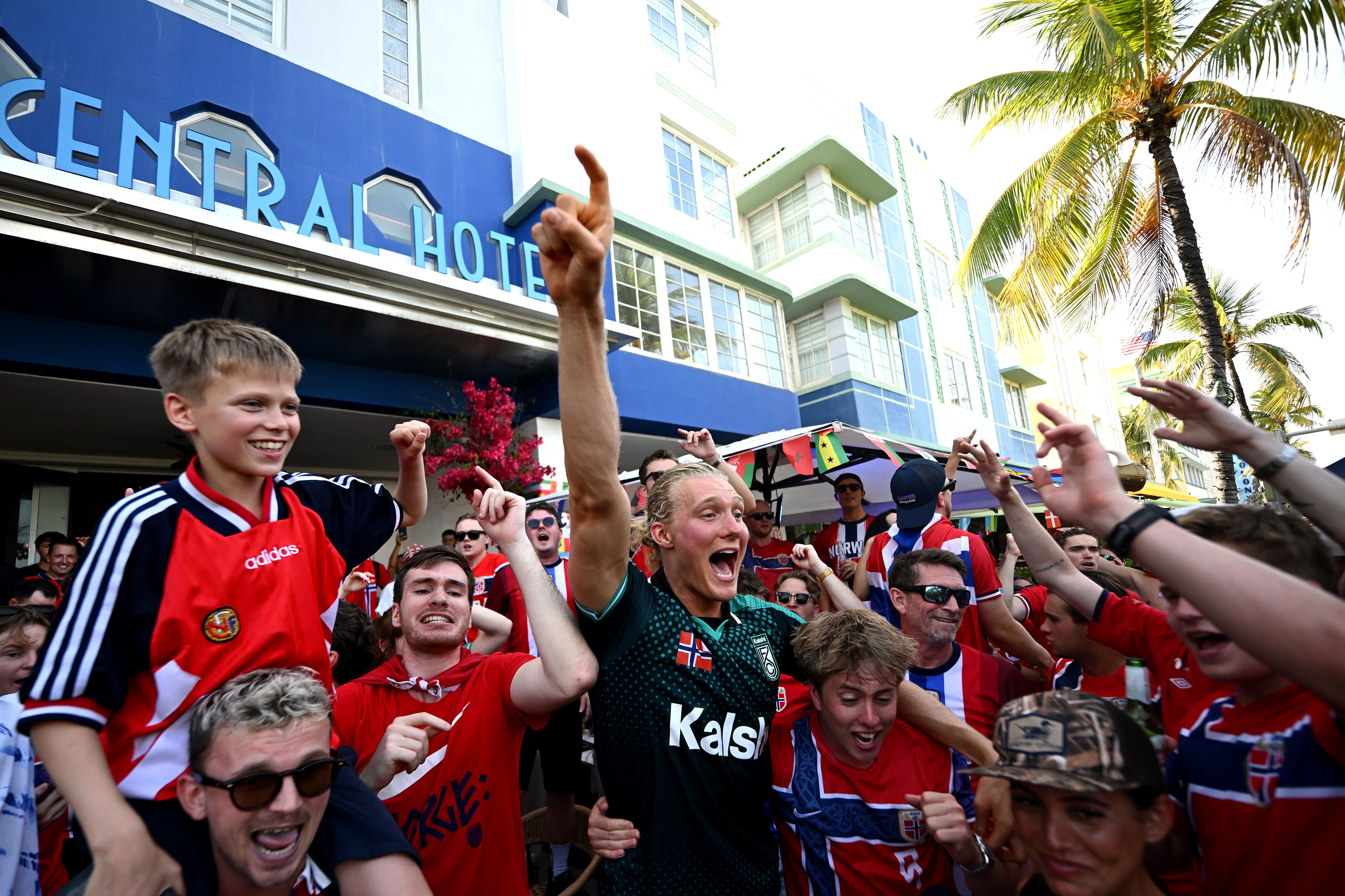 MIAMI, FLORIDA - JULY 10: Norwegian soccer fans rally for their team on July 10, 2026, in Miami Beach, Florida. The soccer fans gathered on Ocean Drive to rally ahead of Norway's World Cup quarterfinal matchup against England, which will be held in Miami Gardens on July 11. (Photo by Hannah Peters -