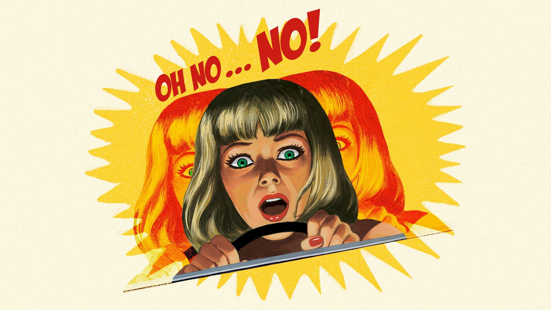Illustration of a woman behind the wheel looking afraid, the words "OH NO... NO!" are above her head. The illustration is done in a retro style.
