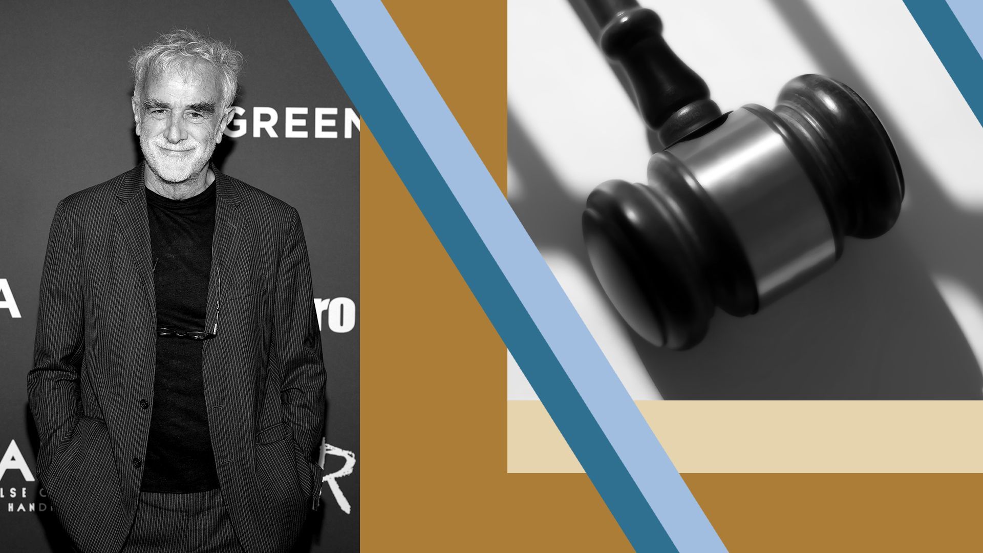 Photo illustration of Luis Moreno Ocampo set against graphic shapes and a photo of a gavel