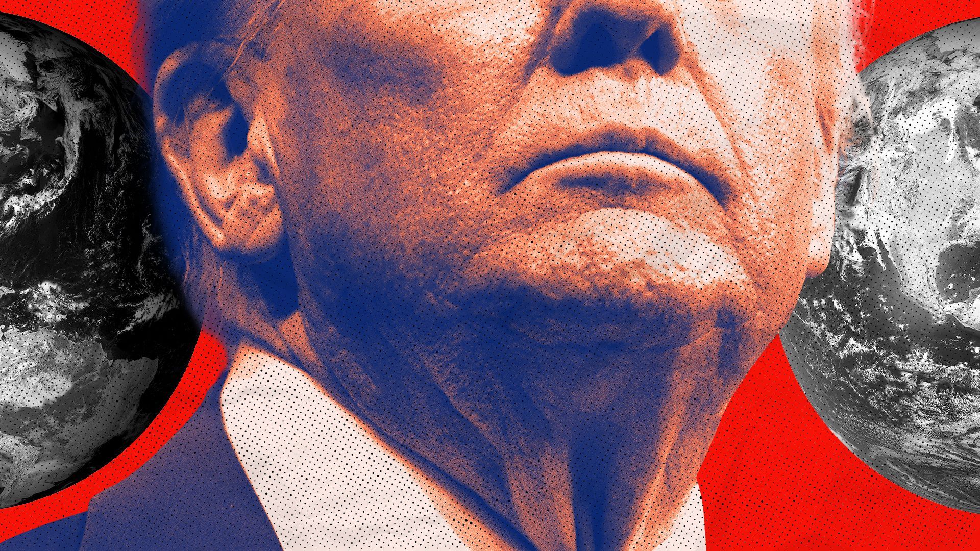 Photo illustration of Trump with two globes behind him.