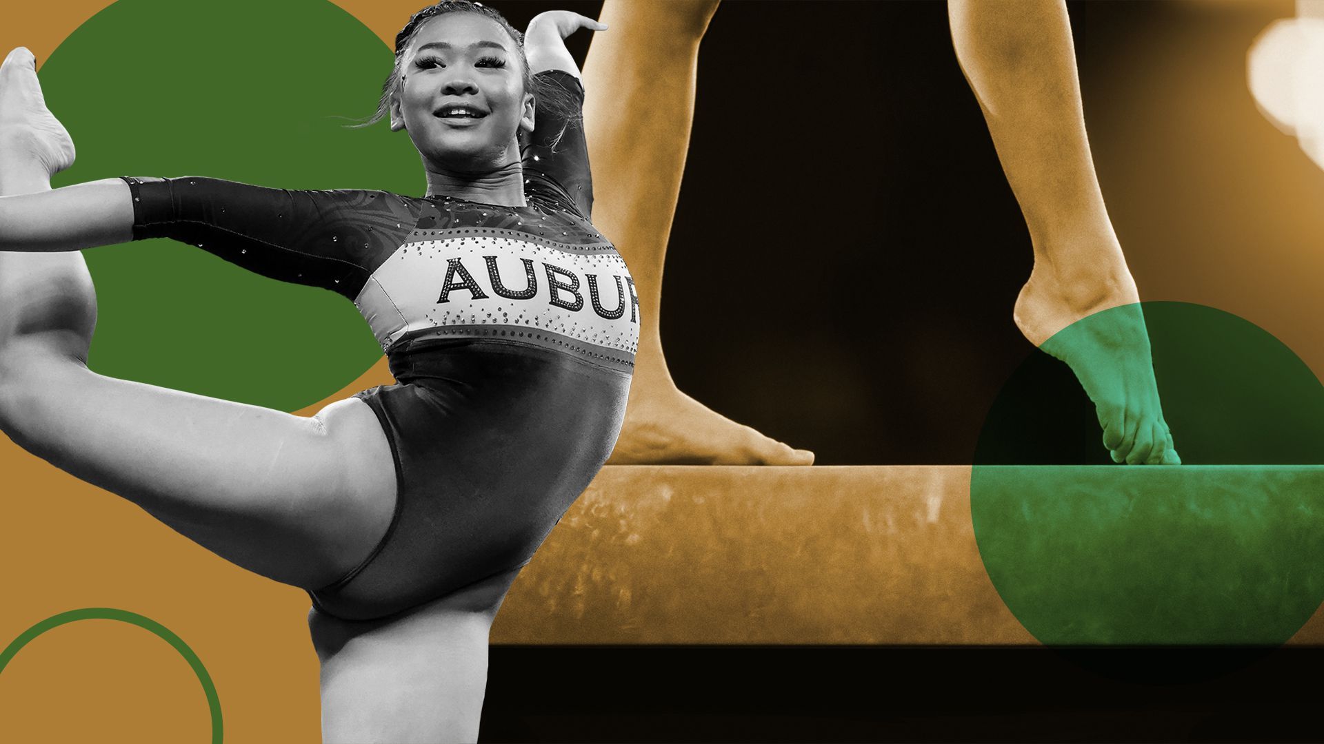 Photo illustration of Suni Lee with a gymnast on a balance beam in the background.