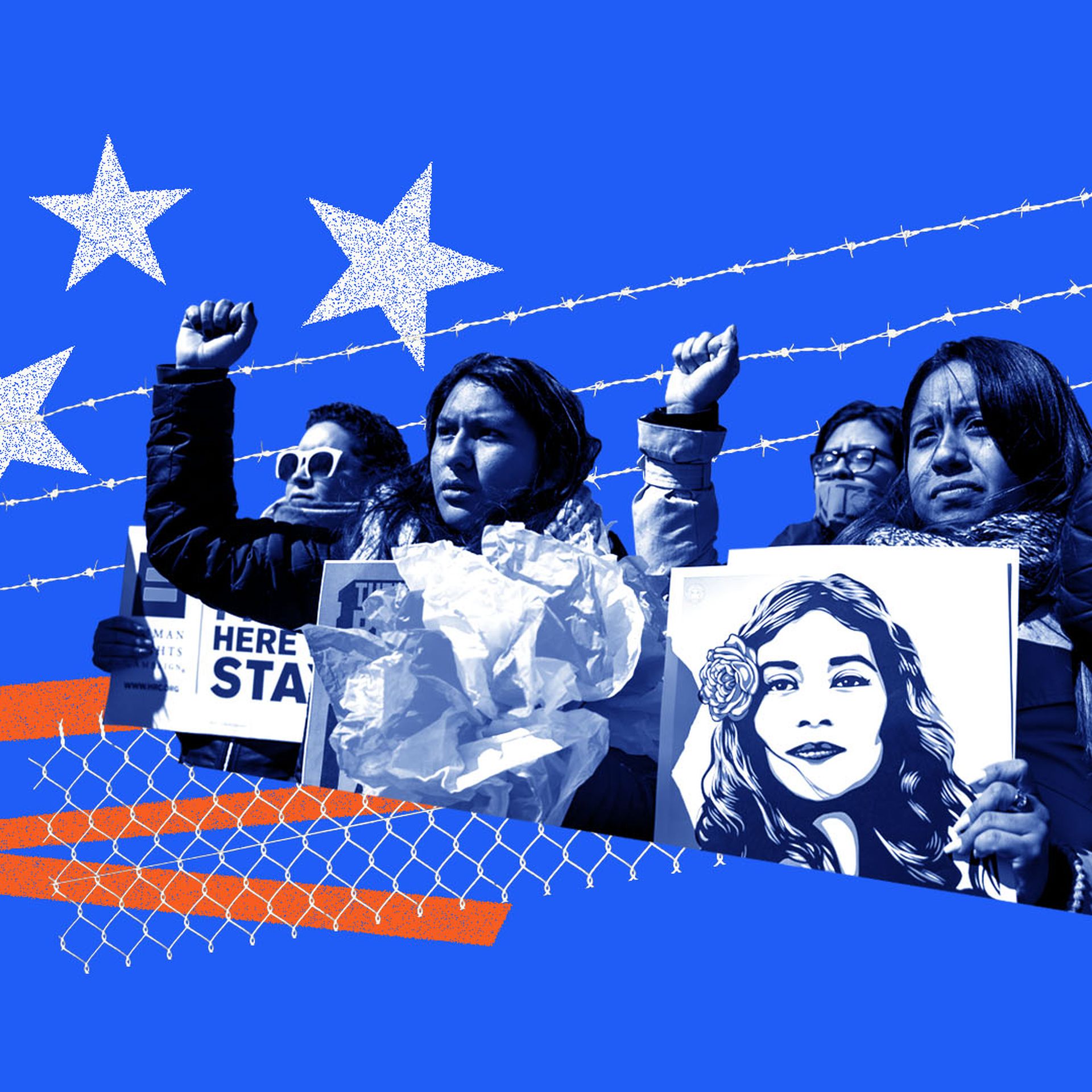 Photo illustration of demonstrators protesting DACA, with a barbed wire fence in the background, and stars and stripes referencing the U.S. flag