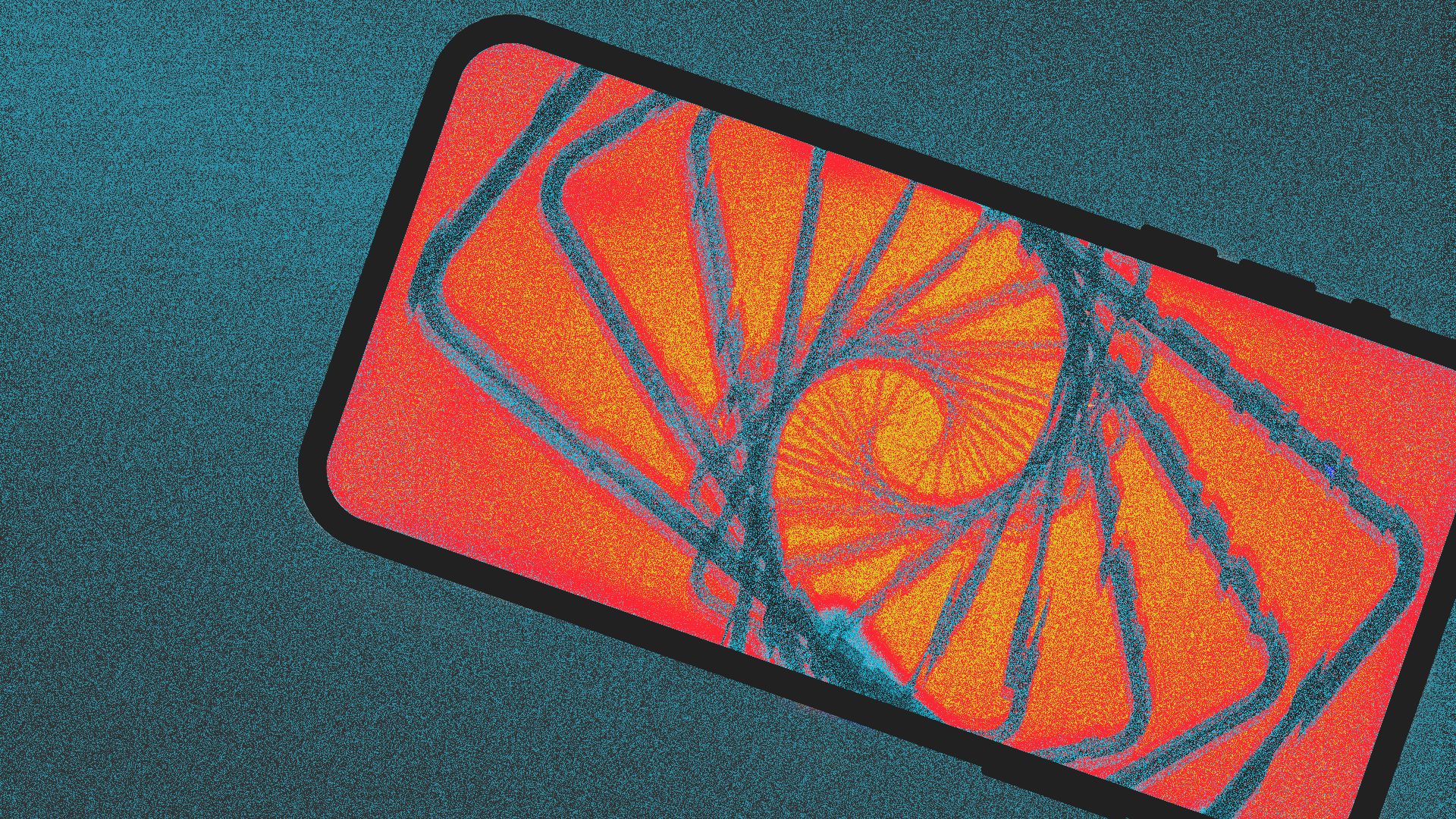 Illustration of a phone with a distorted image of the screen of the phone repeating in a spiral pattern into the distance.