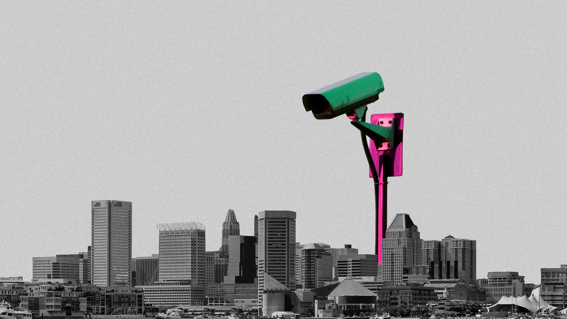 Illustration of the Baltimore city skyline with a massive CCTV camera overlooking the city from above. 