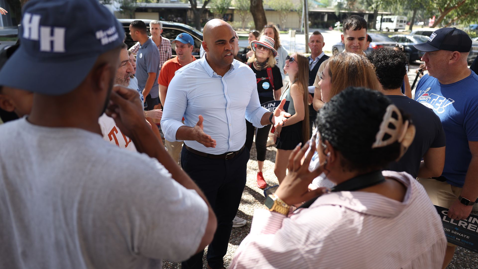 Democratic Senate candidate U.S. Rep. Colin Allred (D-TX) speaks during a Texas Offense block walk launch event on October 26, 2024 in Houston, Texas.