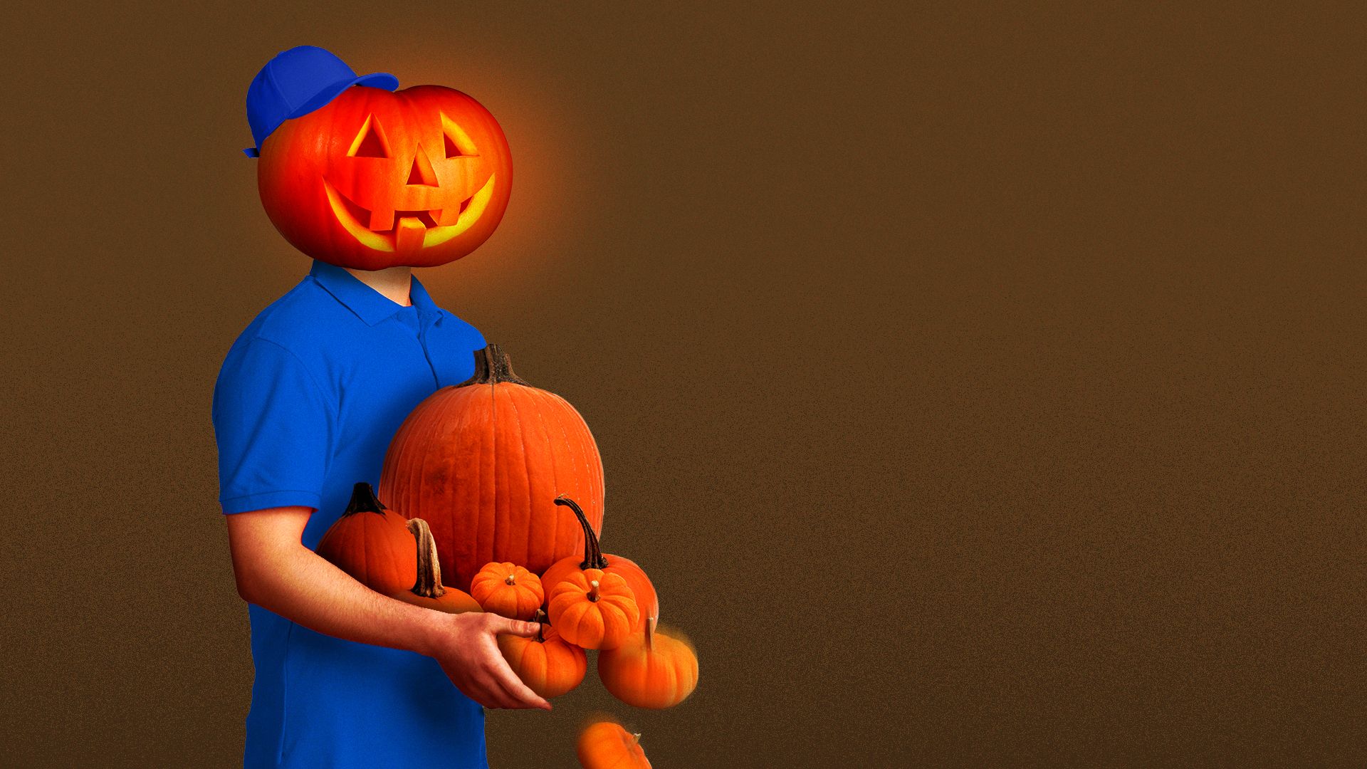Illustration of a delivery person with a jack-o-lantern for a head, holding a pile of pumpkins.