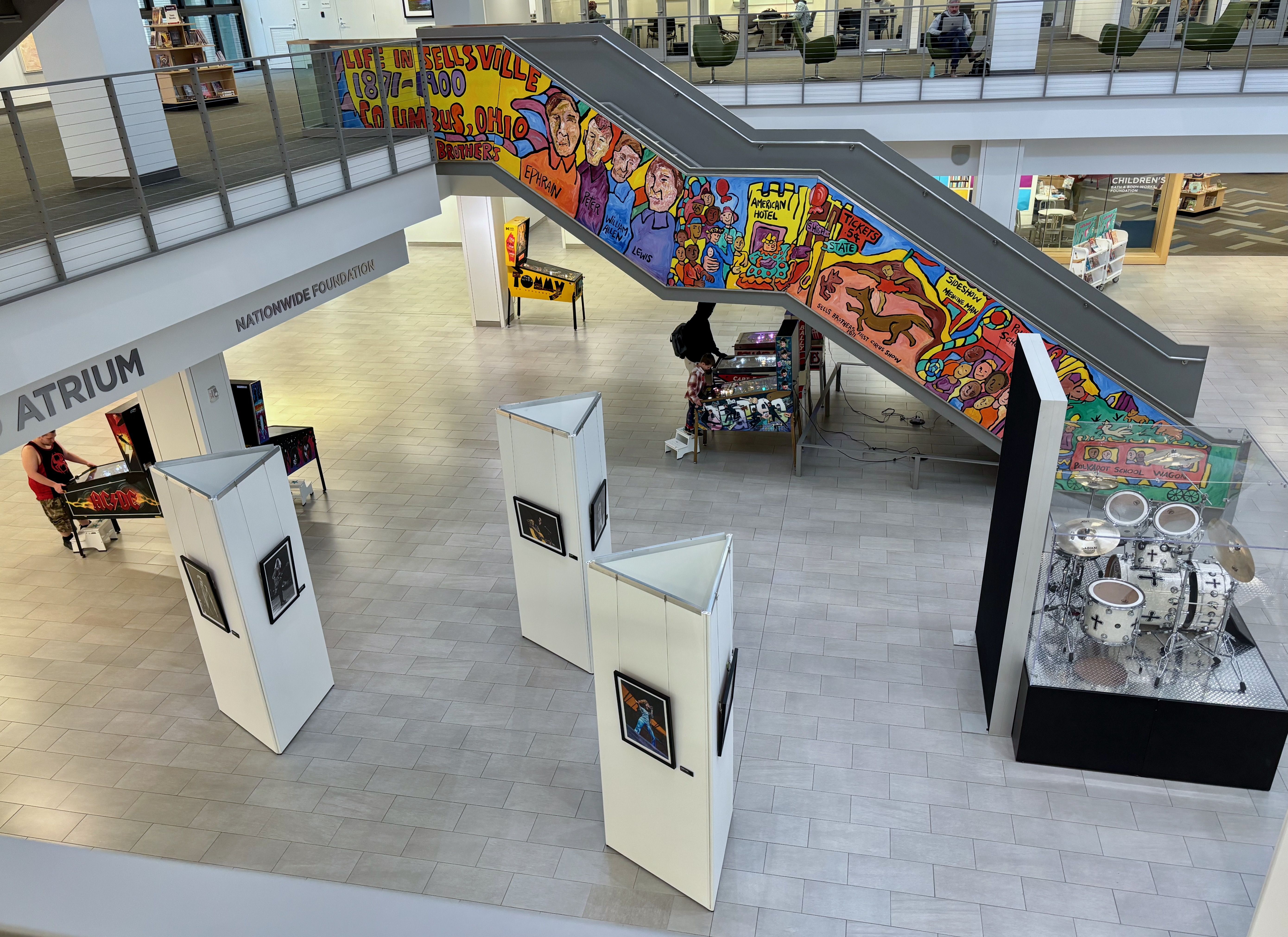 A view of the main exhibit in the atrium from above, on the library's third floor