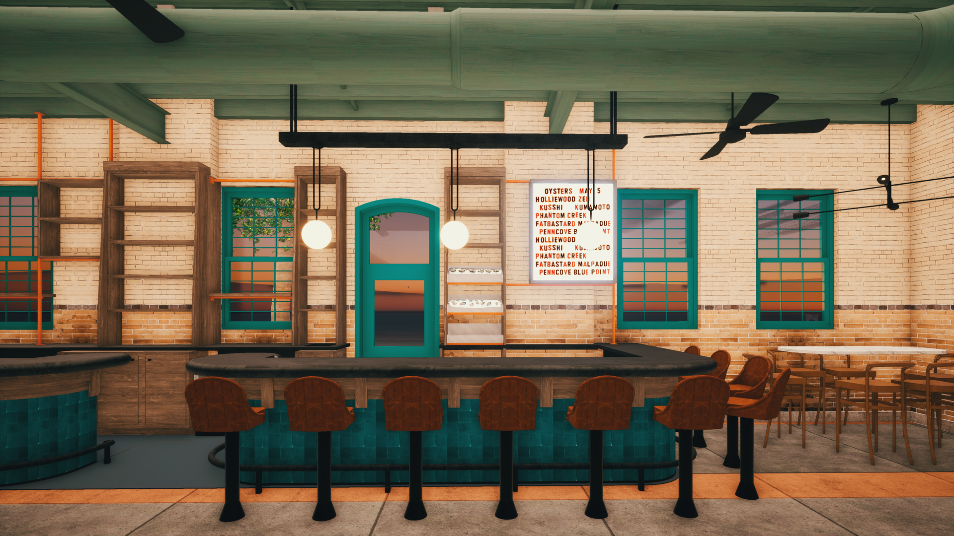 A rendering of a roughly 10-seat, rounded bar.