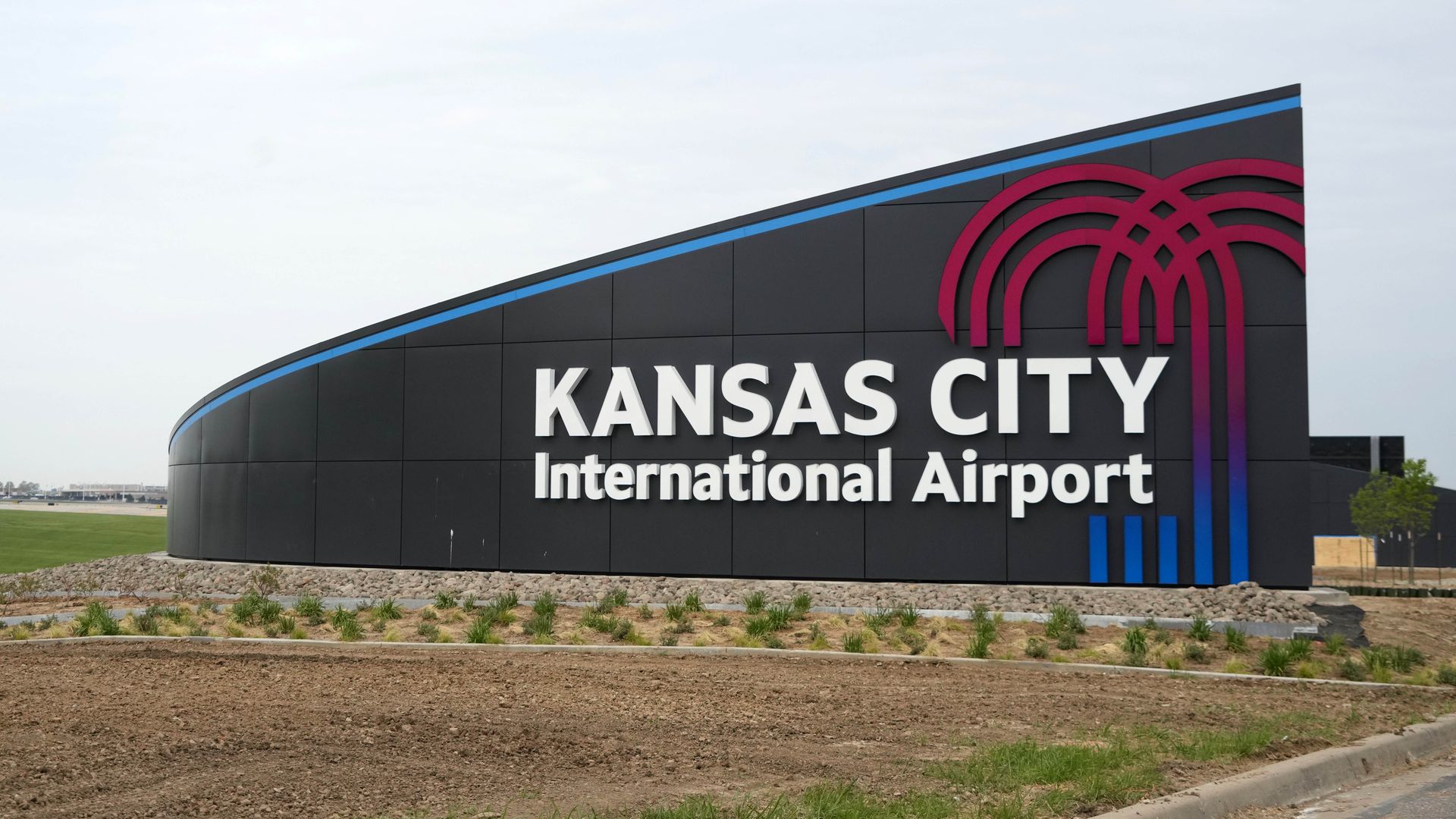 KANSAS CITY, MO - APRIL 28: A sign at the Kanas City International Airport (MCI) entrance on April 23, 2023 in Kansas City, Missouri. 
