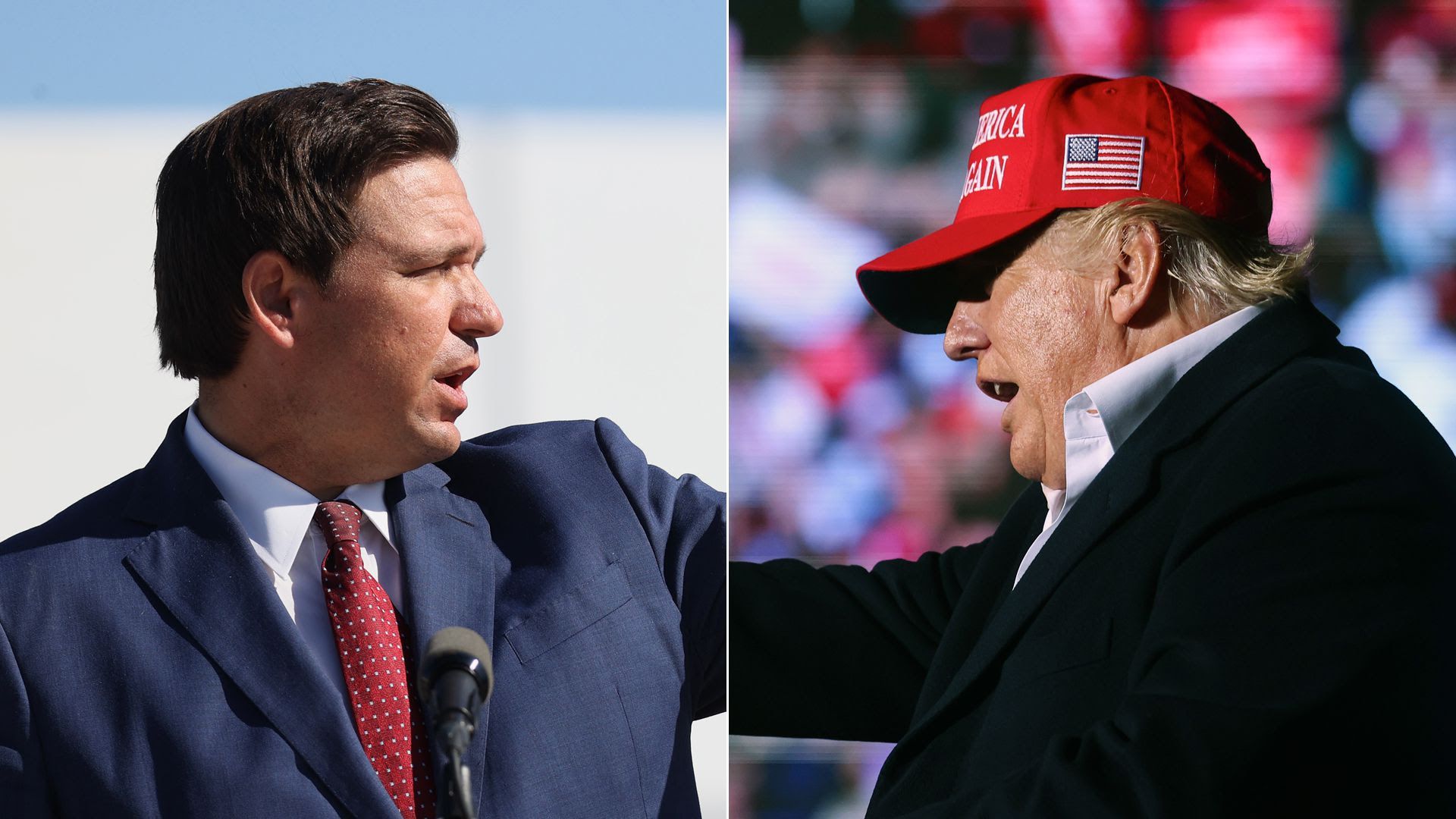 Ron DeSantis and Donald Trump speaking at rallies, the images side by side 