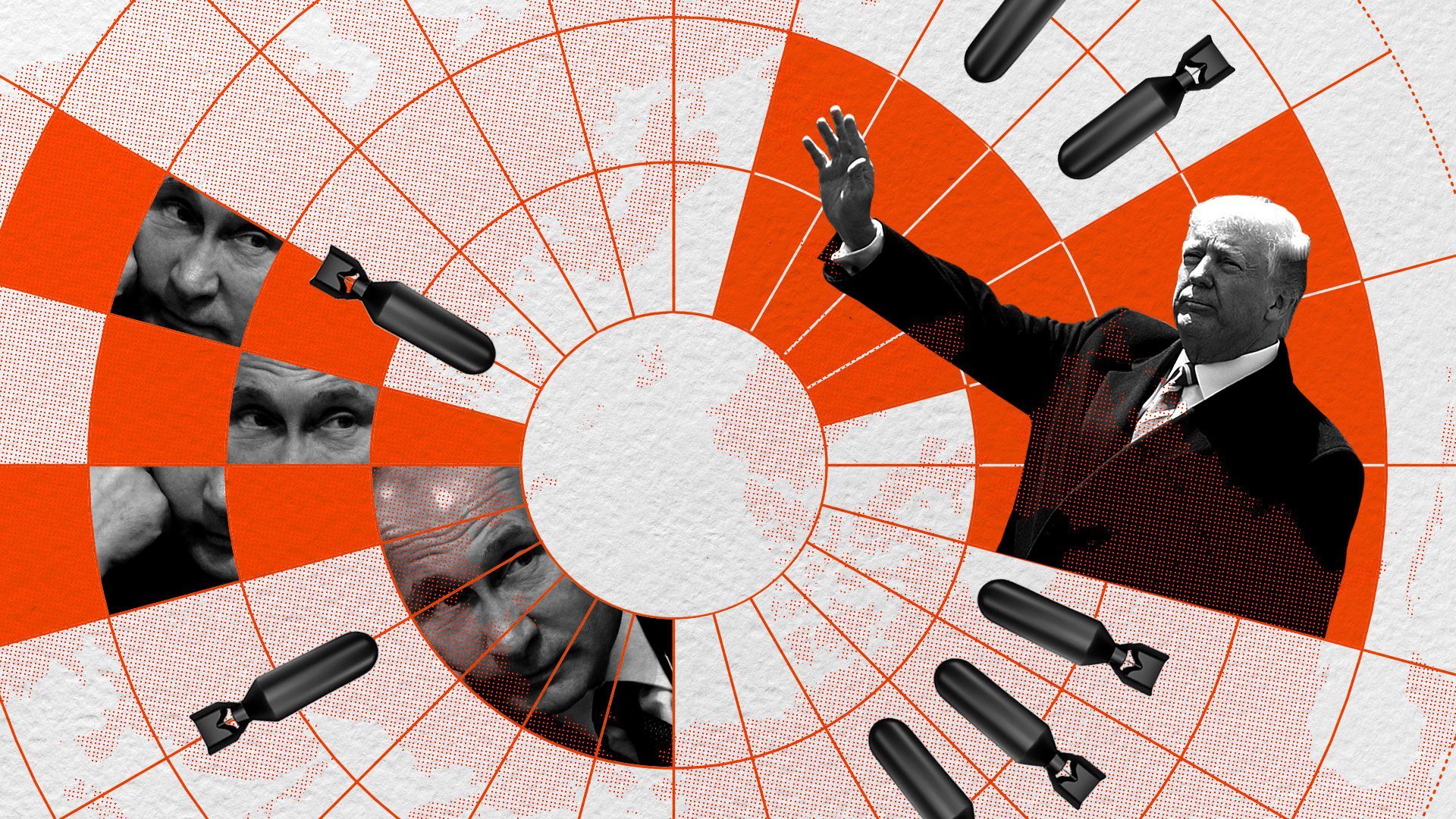 Trump and Putin against a polar view of a world map with nuclear weapons pointing at each other