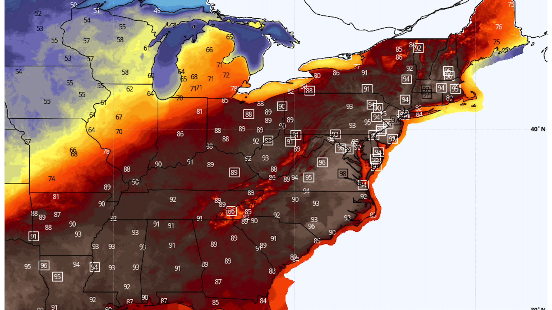 Computer model depiction of forecast highs and records along the East Coast for May 21, 2022.