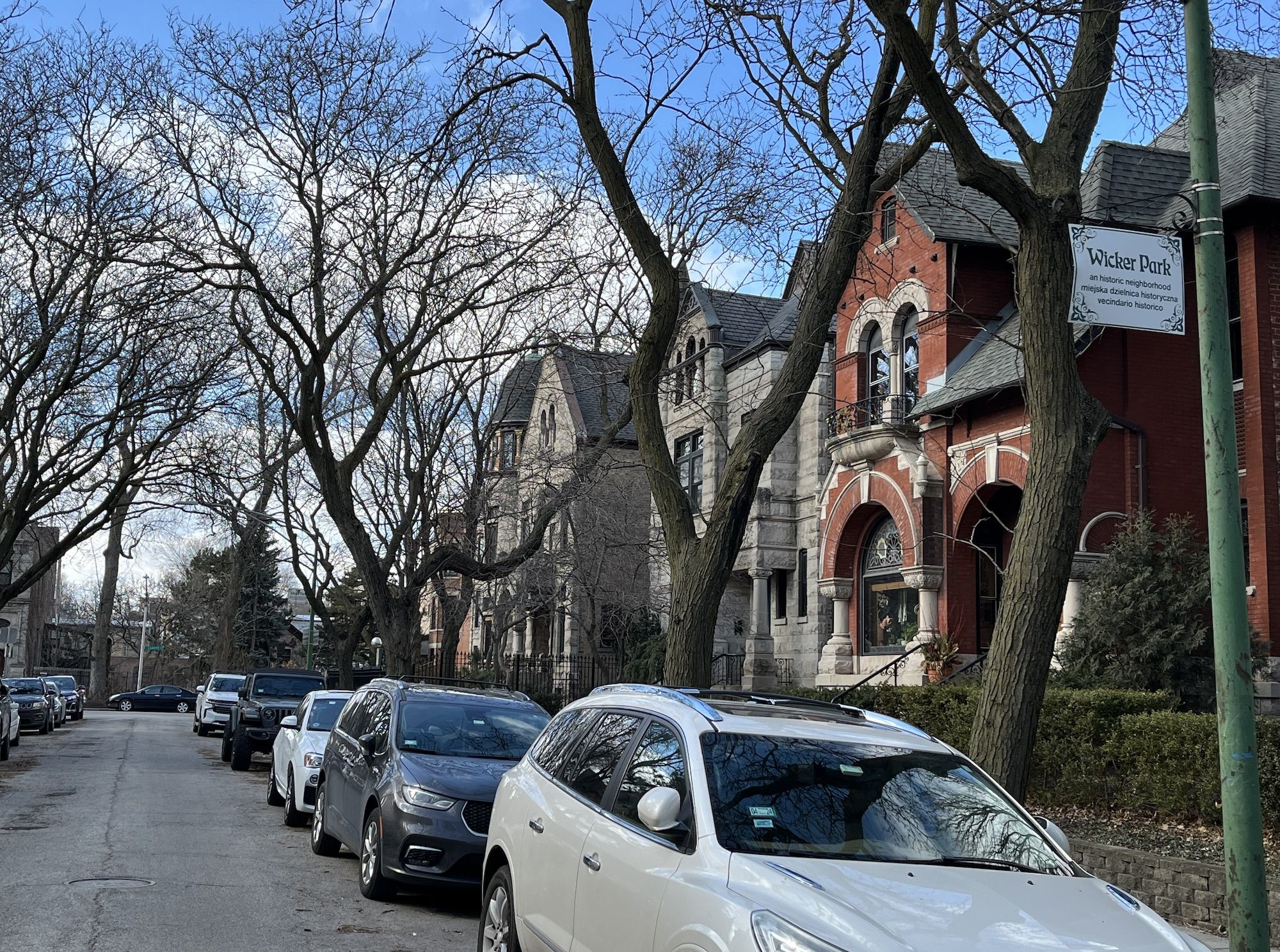 Old graystones on tree lined street