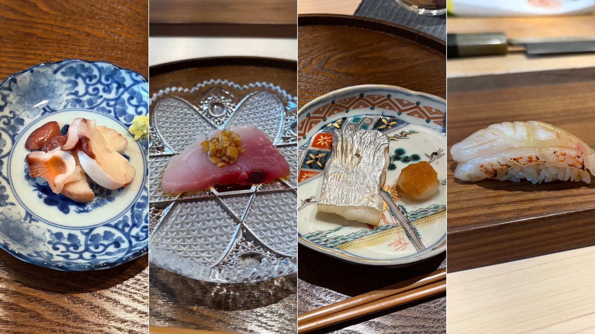 Collage of four sashimi dishes on a wooden table: blue patterned plate with assorted fish, glass plate with tuna and garnish, decorative plate with silver fish, and a nigiri on wood.