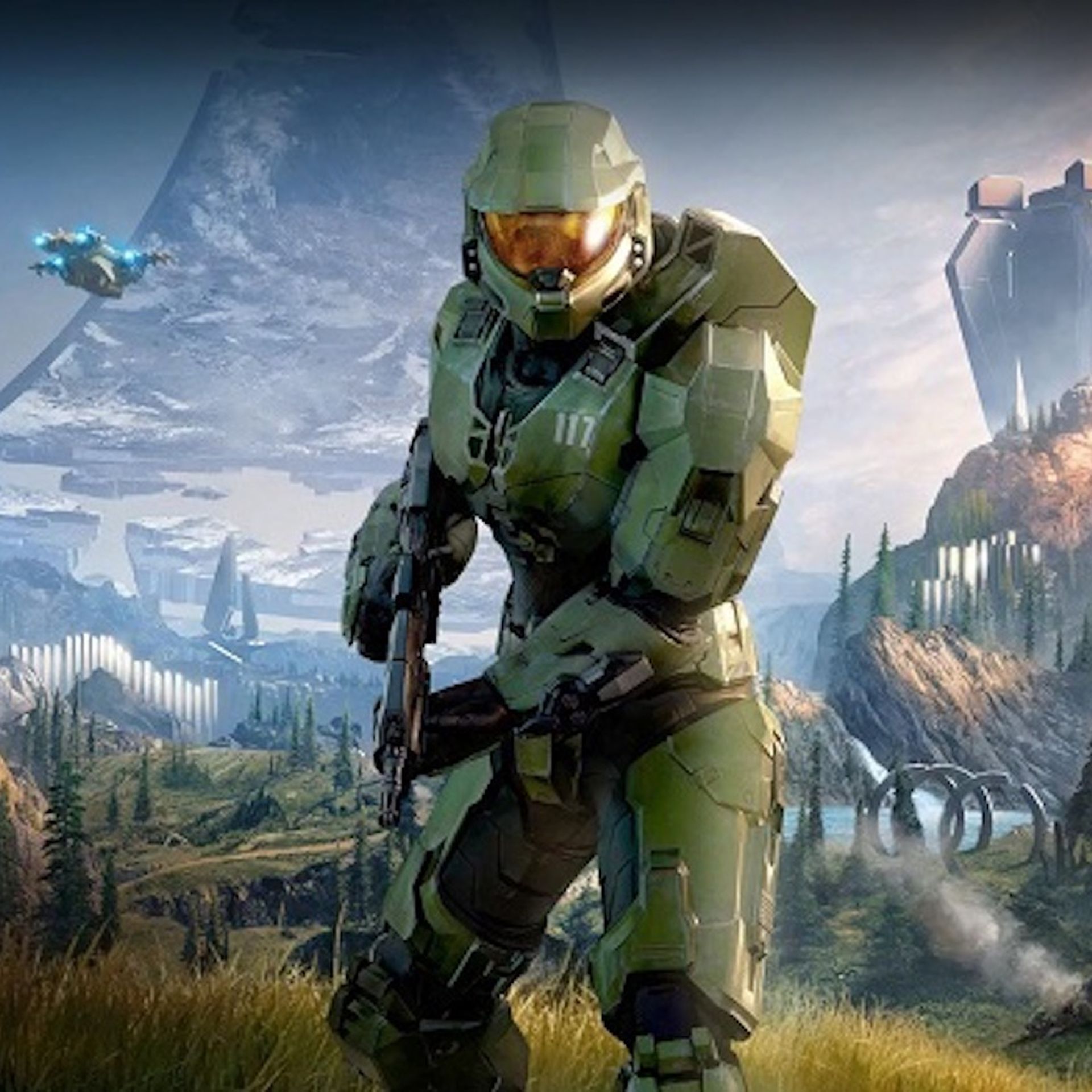 Illustration of Halo hero Master Chief standing in front of a field