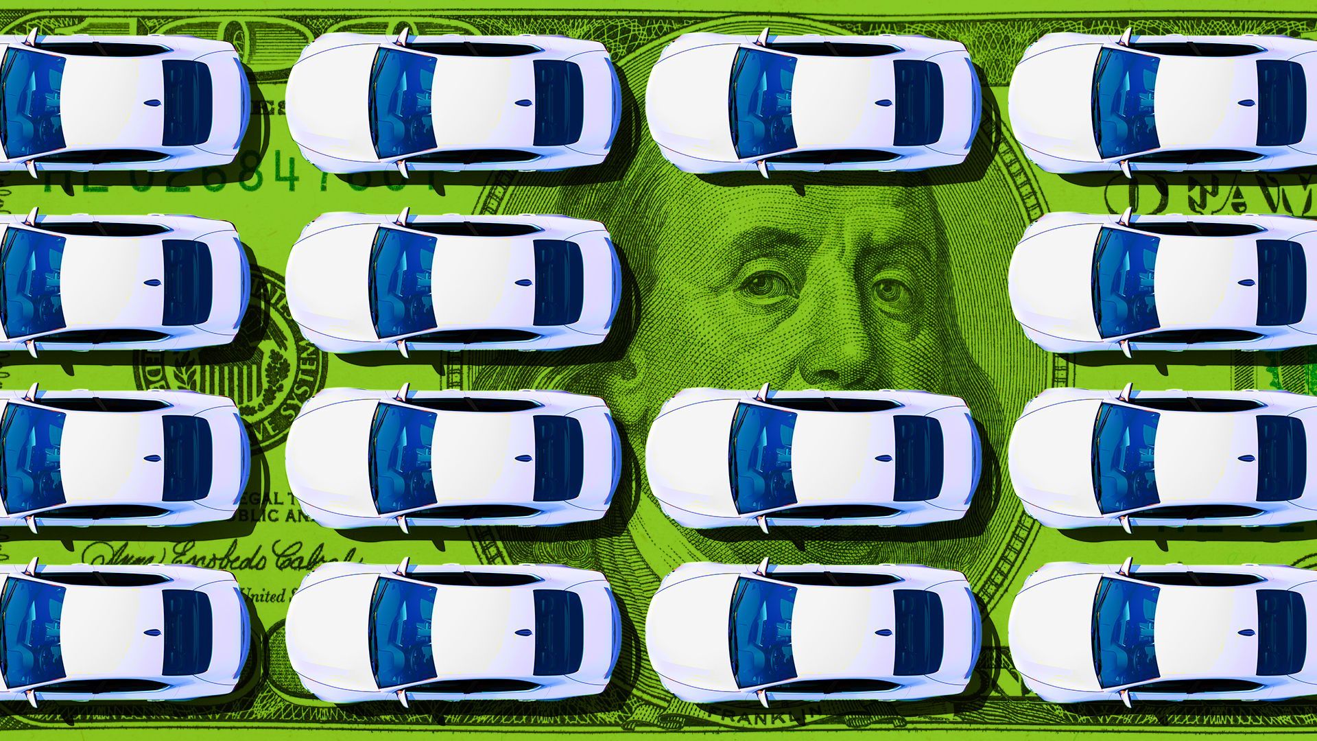 Illustration of a fleet of cars on a hundred dollar bill with Benjamin Franklin's eyes peering through. 