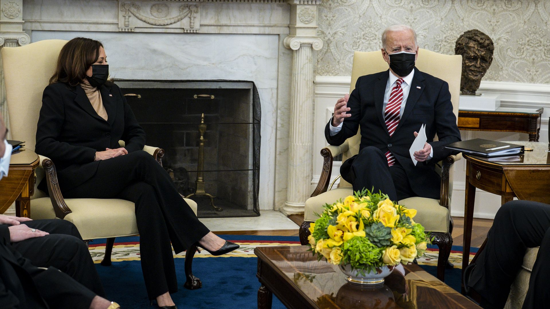 Biden and Kamala Harris sit in the Oval Office