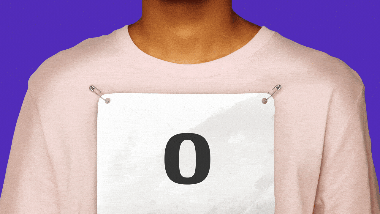 Animated illustration of a runner's bib increasing from 0 to 999.