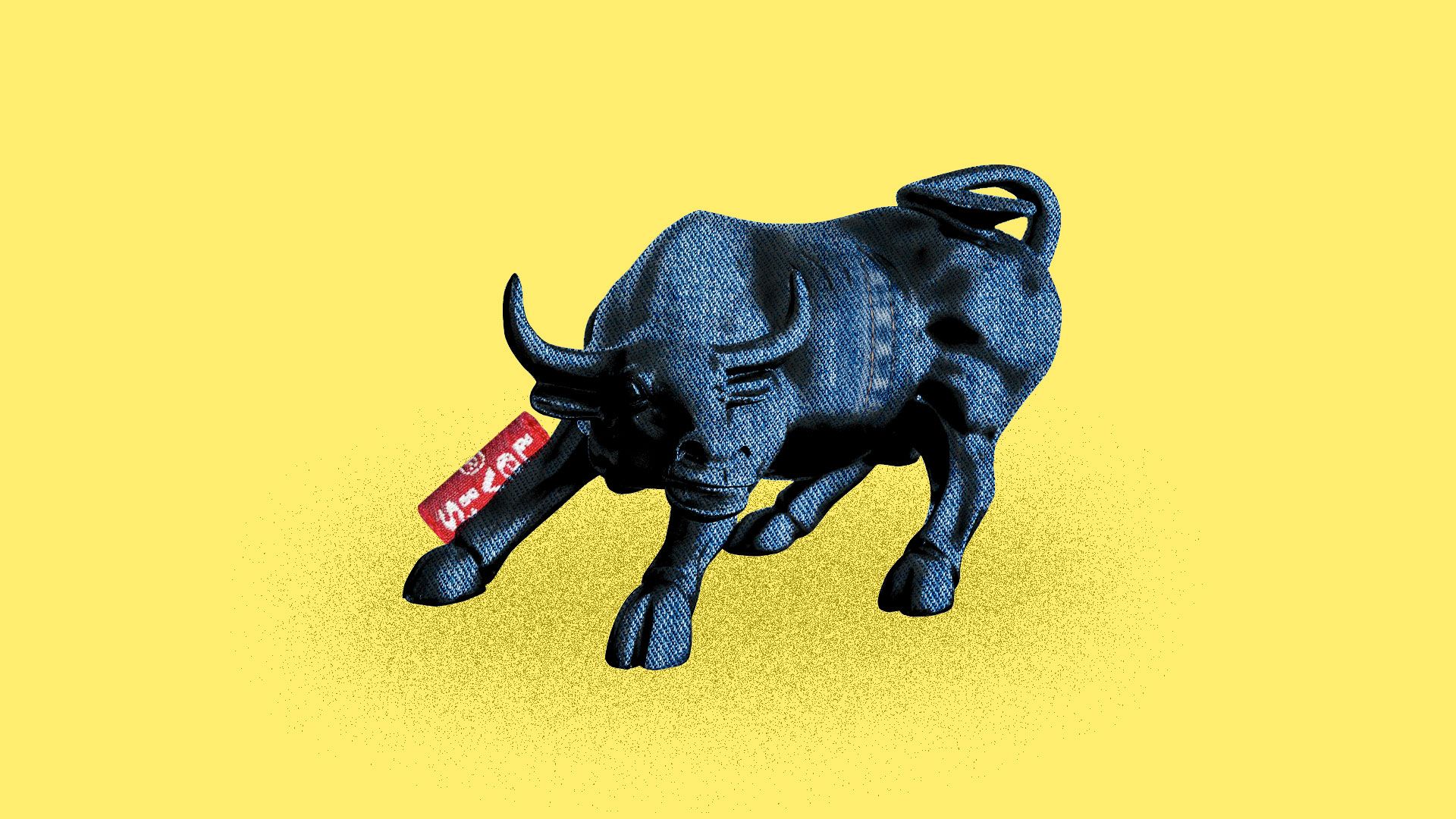 Illustration of the Wall Street bull made out of denim with a small Levi's tag showing.