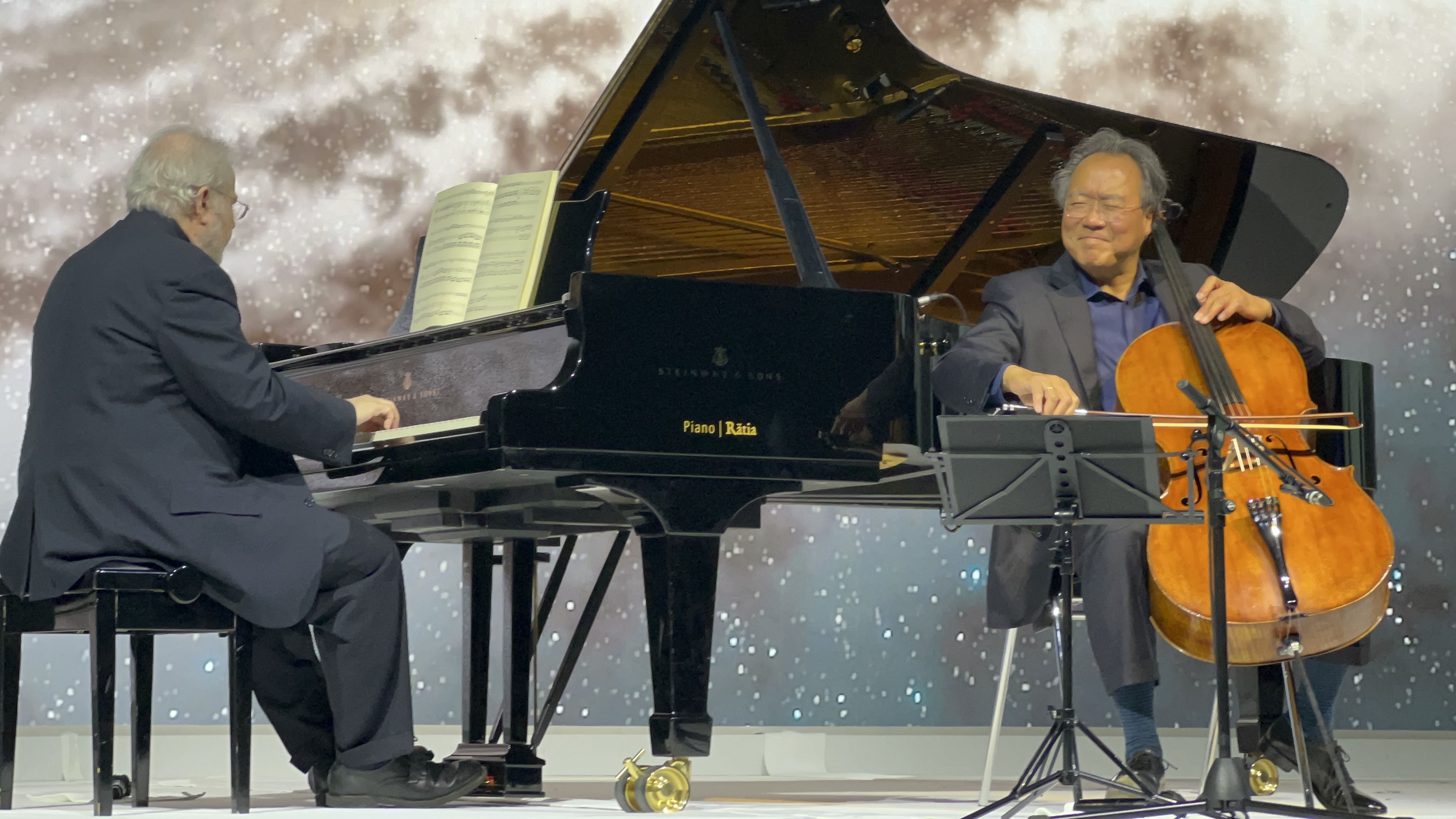 Yo Yo Ma and Emmanuel Ax perform at a Ukraine solidarity concert in Davos