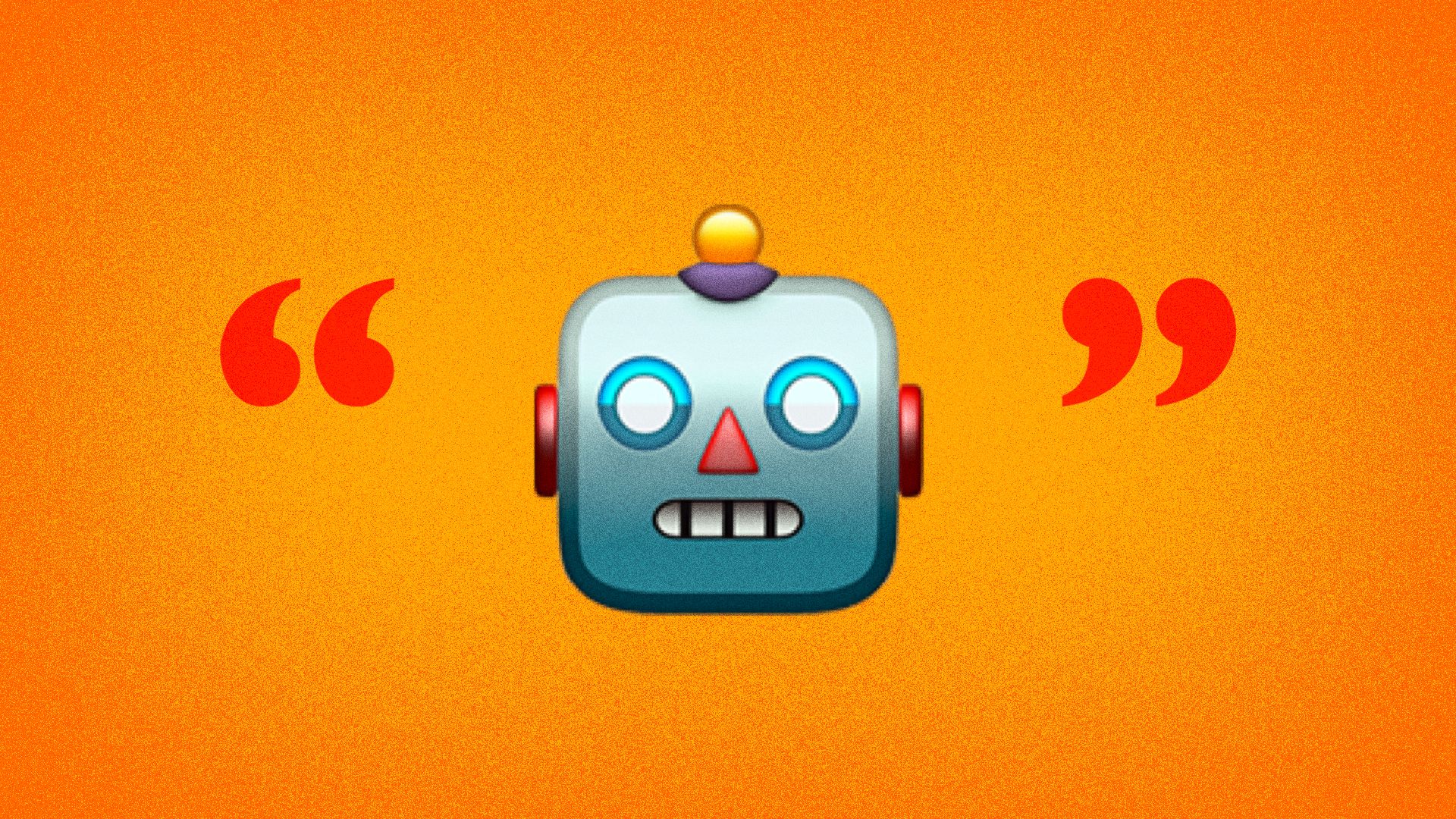 Illustration of a robot emoji inside quotation marks. 