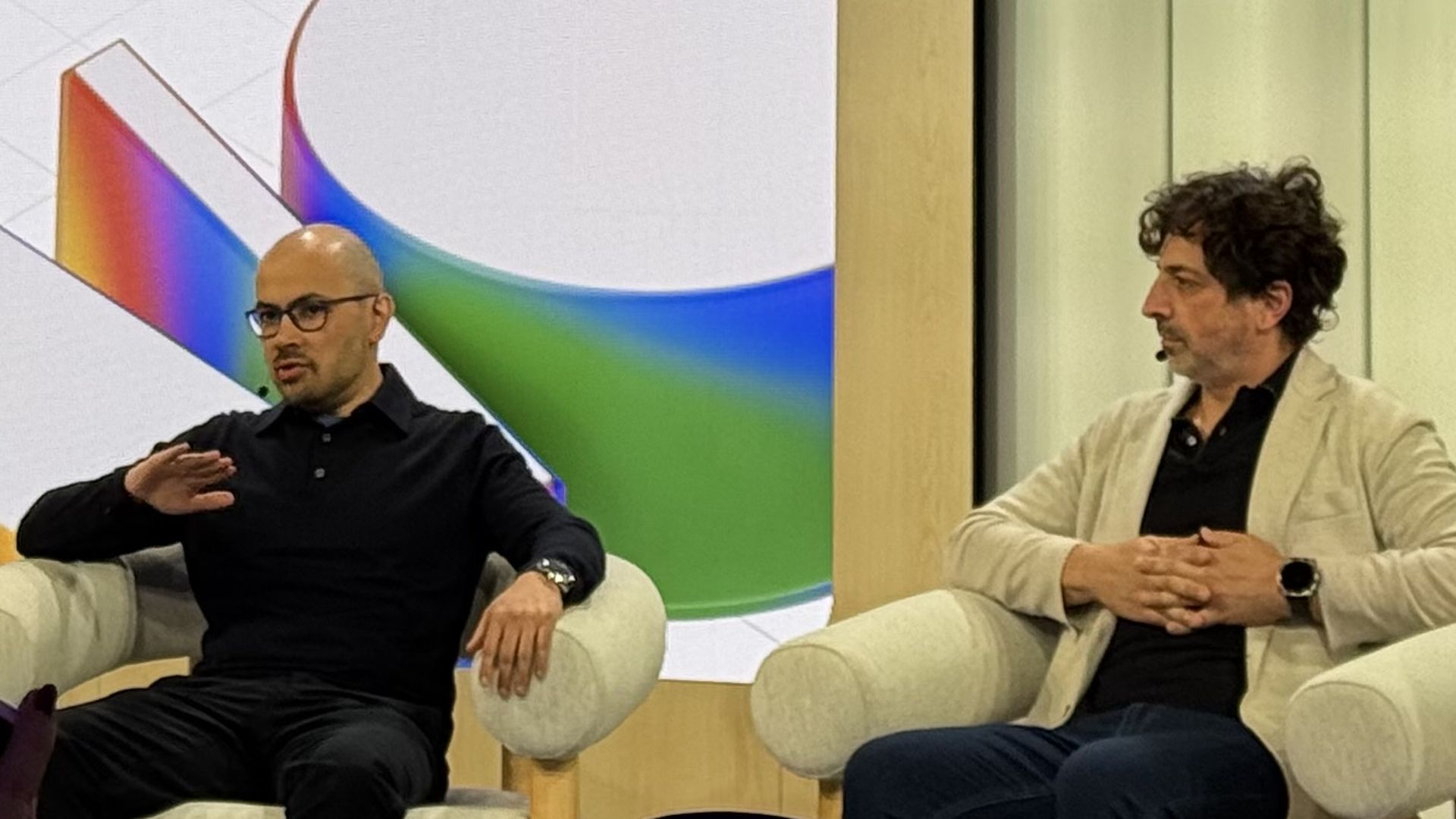 Google DeepMind CEO Demis Hassabis (left) and co-founder Sergey Brin at Google I/0 on Tuesday.