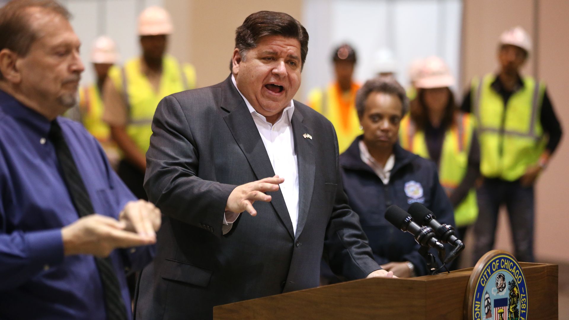  Illinois Gov. J.B. Pritzker speaks during a press conference in Hall C Unit 1 of the COVID-19 alternate site at McCormick Place on Friday, April 3, 2020 in Chicago, Illinois.