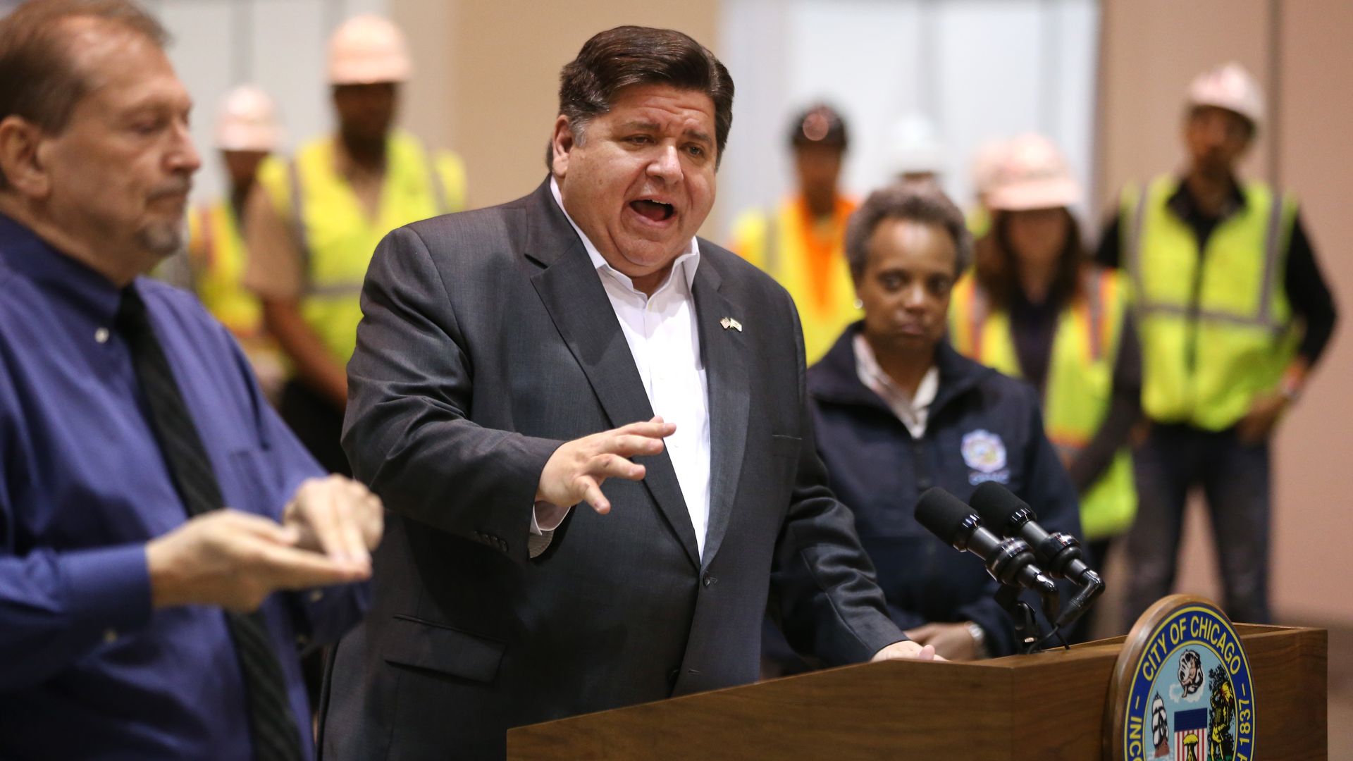 Illinois Gov. J.B. Pritzker speaks during a press conference in Hall C Unit 1 of the COVID-19 alternate site at McCormick Place on Friday, April 3, 2020 in Chicago, Illinois.