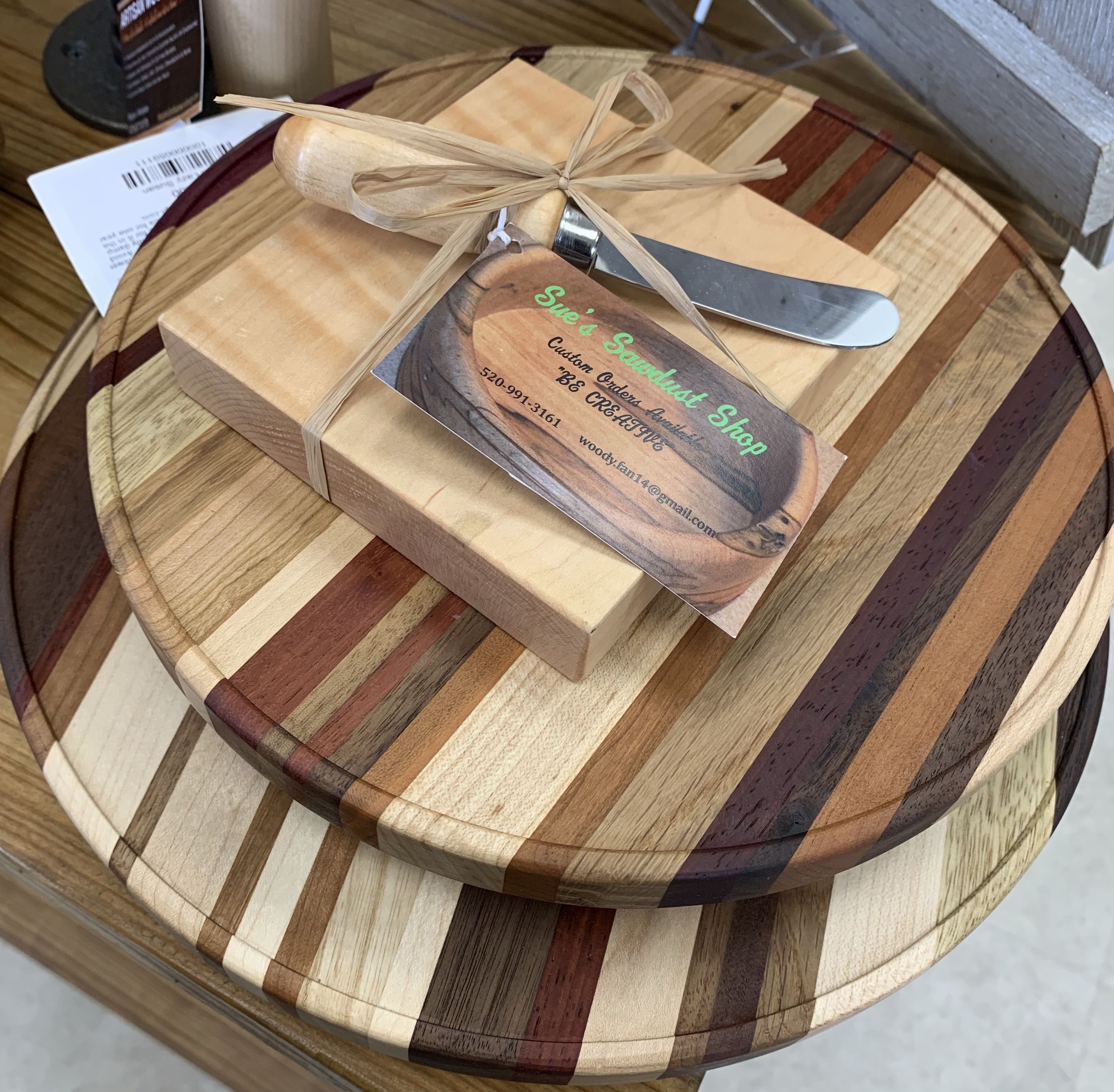 A wooden lazy susan. 