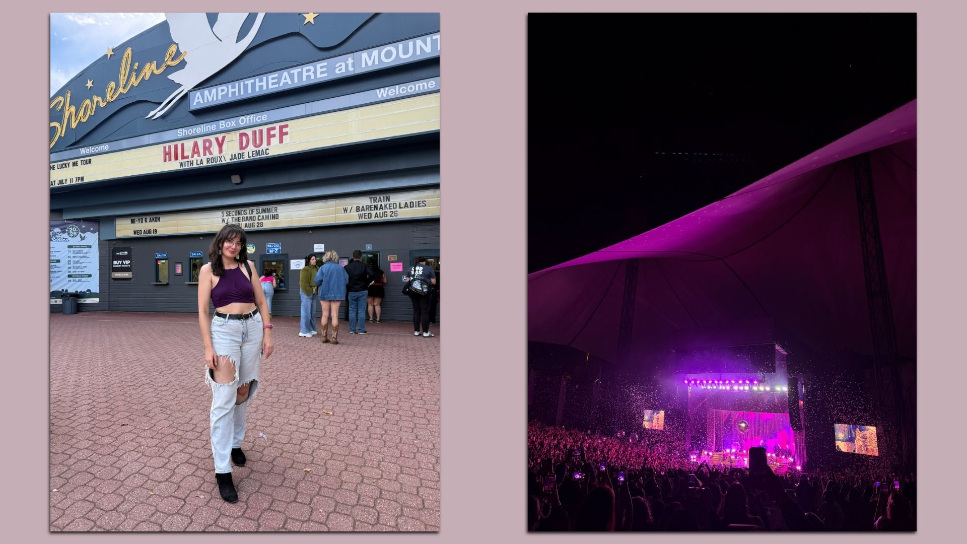Two photos side by side: left shows a woman in a purple crop top and ripped jeans posing outside Shoreline Amphitheatre under a Hilary Duff marquee; right shows a purple-lit concert stage beneath a curved canopy.